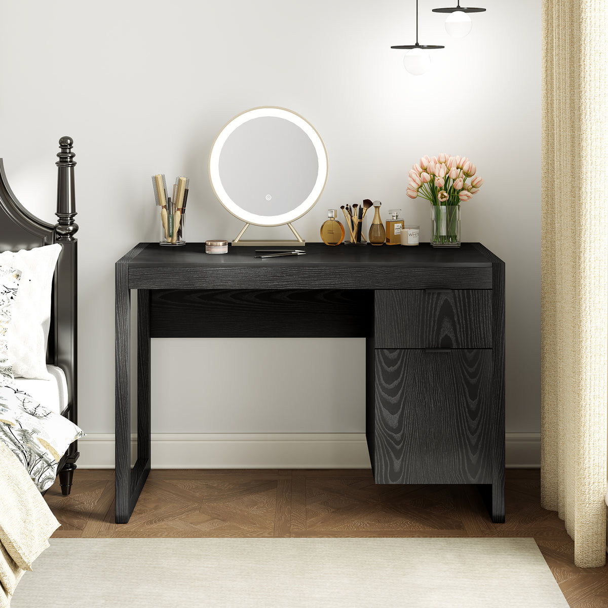 Modern Computer Desk Writing Workstation with Cabinet and Drawer-Black ...