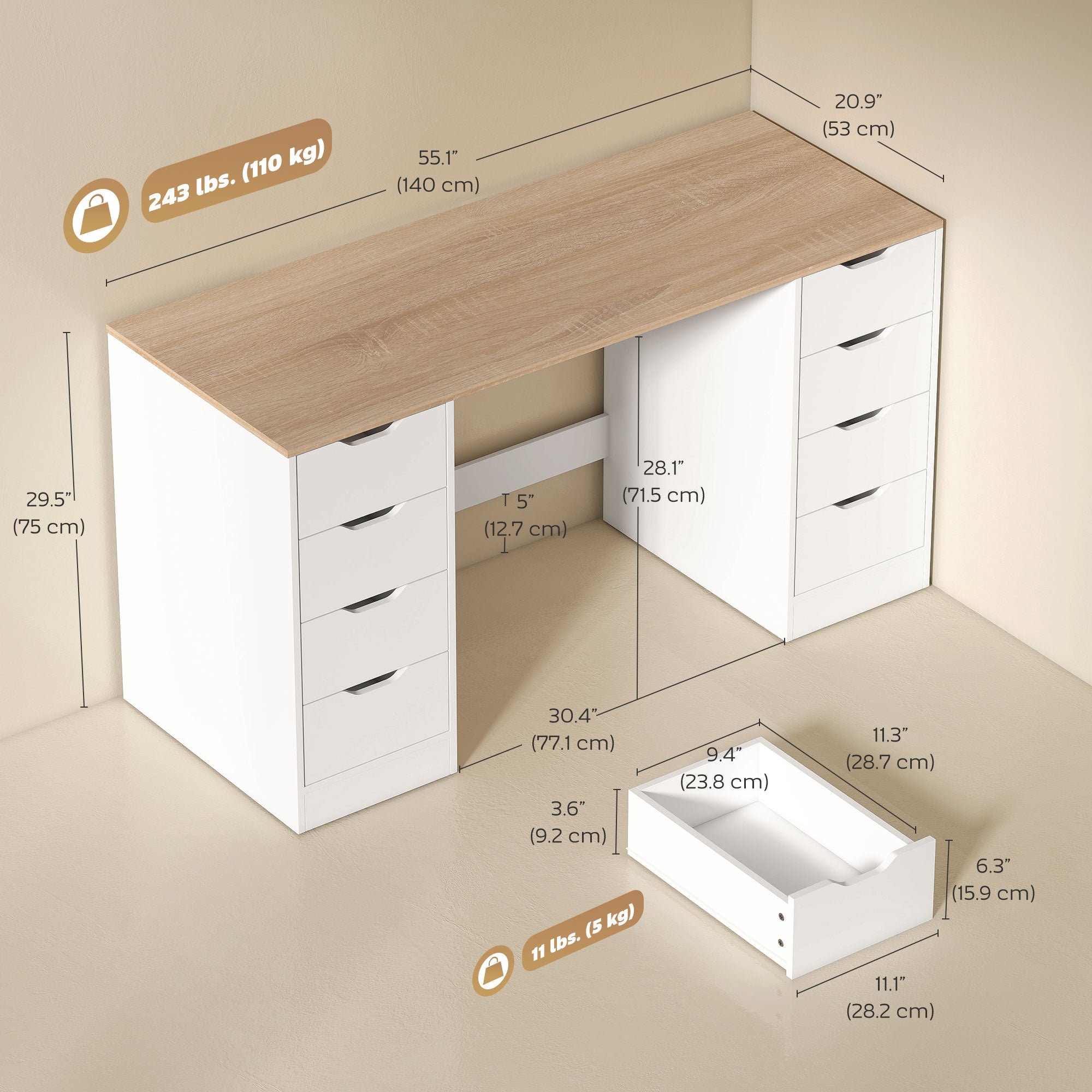 Modern Computer Desk with 8 Drawers - 55" White/Natural-Office Products > Office Furniture > Office Desks & Work Stations > Computer Desks-DECOROLALA