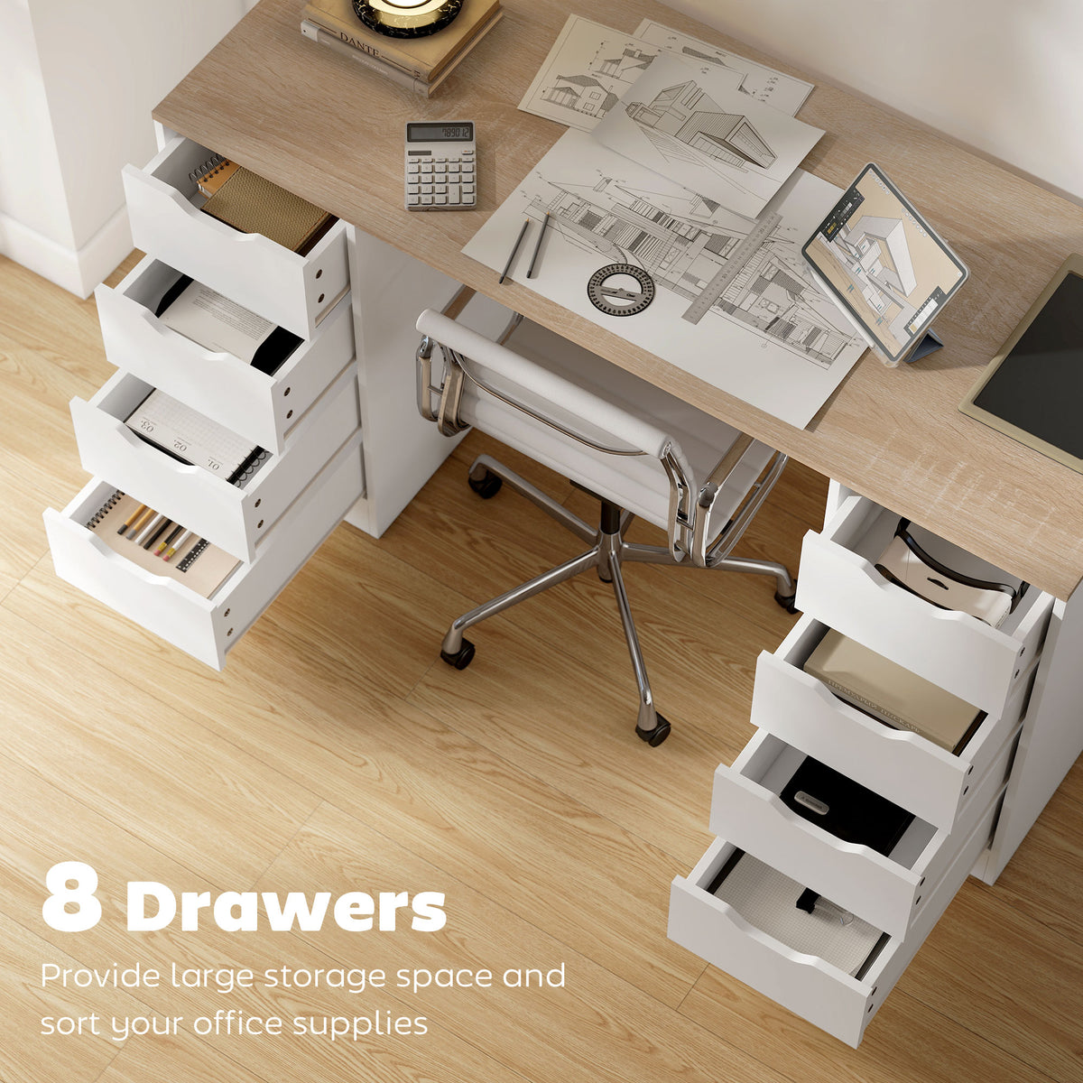 Modern Computer Desk with 8 Drawers - 55" White/Natural-Office Products > Office Furniture > Office Desks & Work Stations > Computer Desks-DECOROLALA