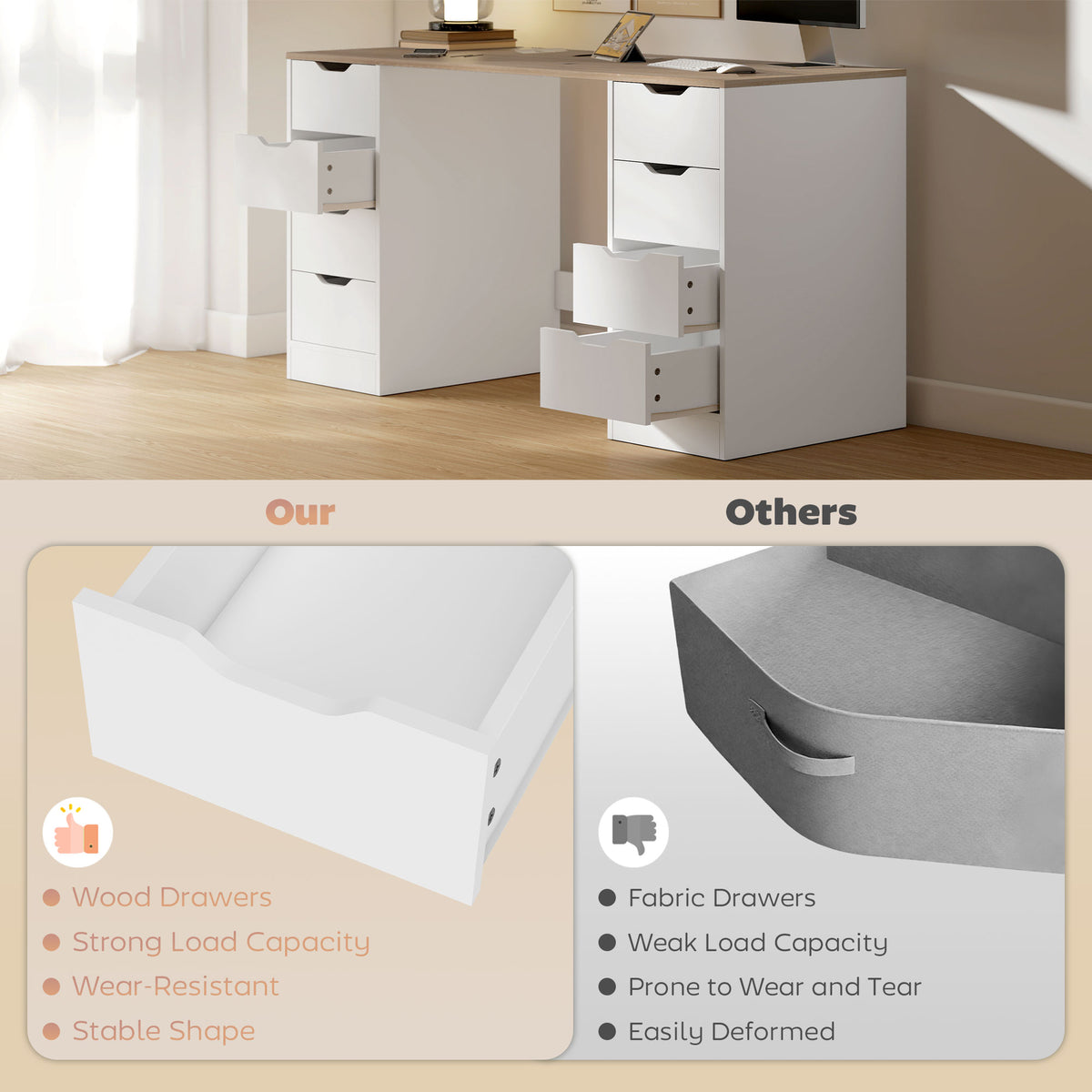 Modern Computer Desk with 8 Drawers - 55" White/Natural-Office Products > Office Furniture > Office Desks & Work Stations > Computer Desks-DECOROLALA