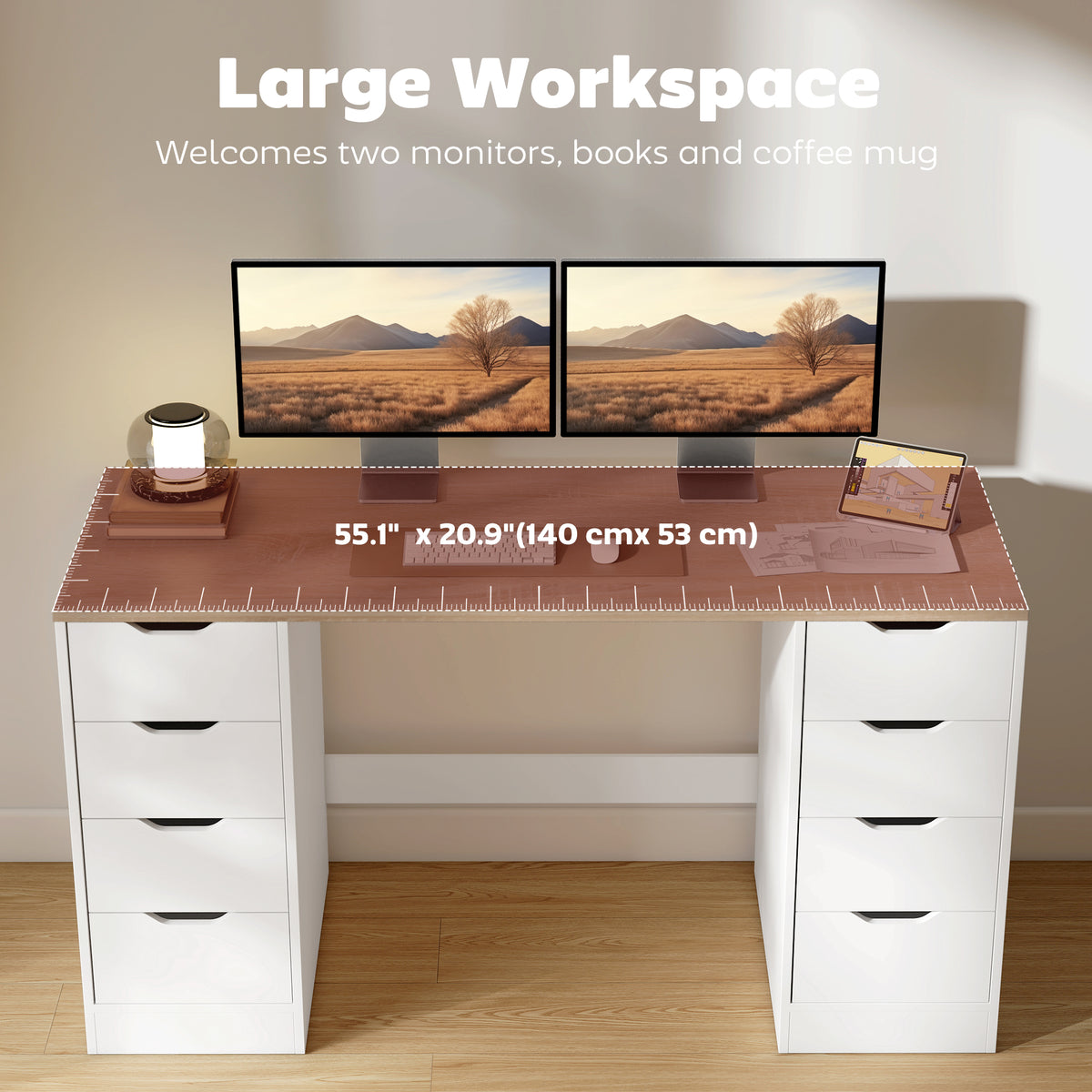 Modern Computer Desk with 8 Drawers - 55" White/Natural-Office Products > Office Furniture > Office Desks & Work Stations > Computer Desks-DECOROLALA