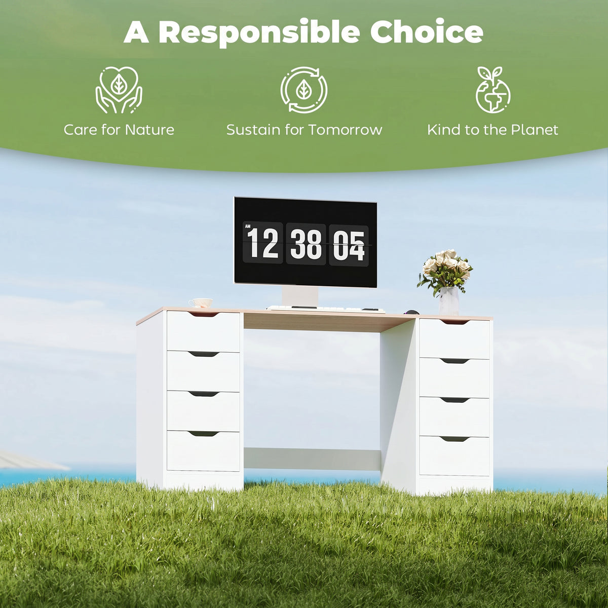 Modern Computer Desk with 8 Drawers - 55" White/Natural-Office Products > Office Furniture > Office Desks & Work Stations > Computer Desks-DECOROLALA