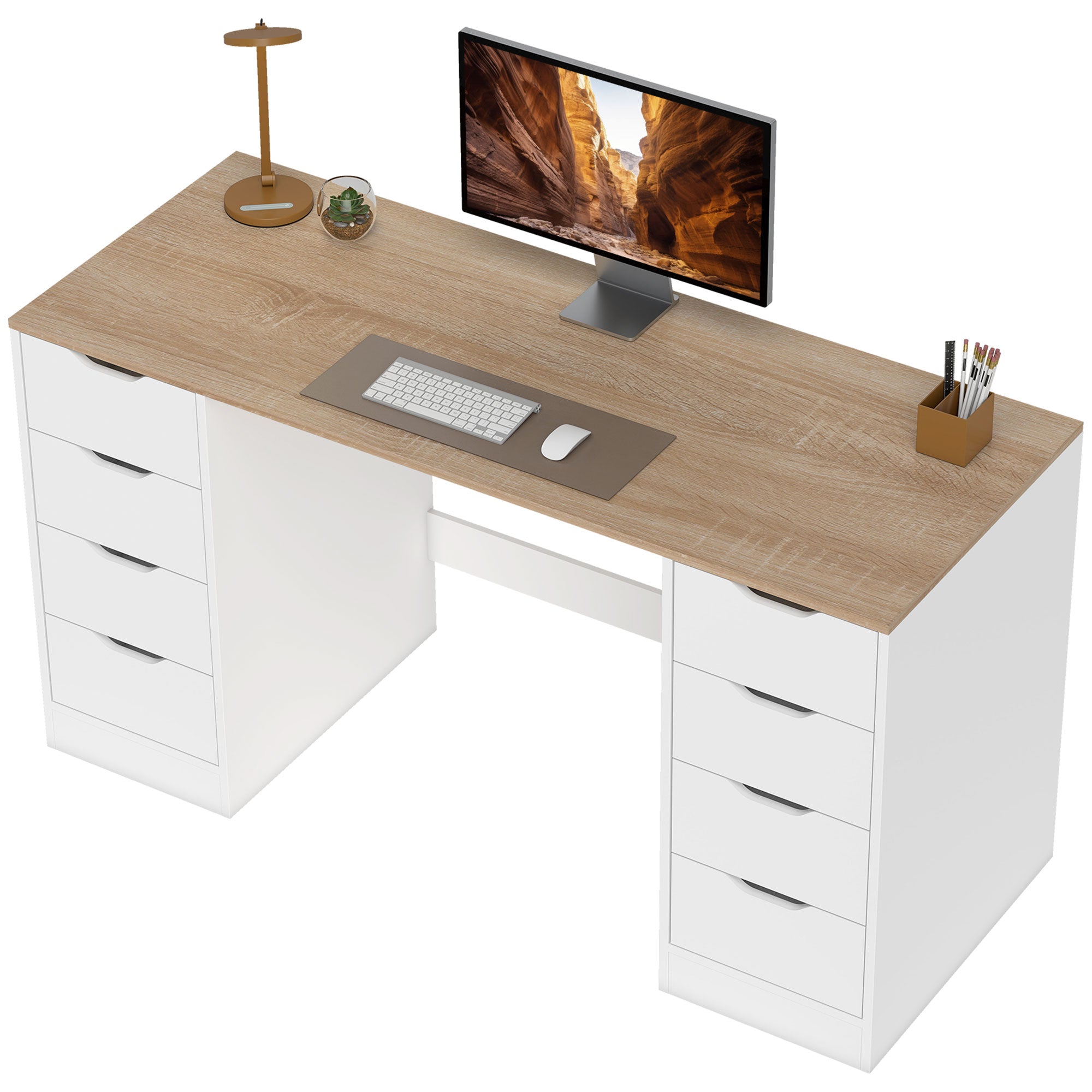Modern Computer Desk with 8 Drawers - 55" White/Natural-Office Products > Office Furniture > Office Desks & Work Stations > Computer Desks-DECOROLALA