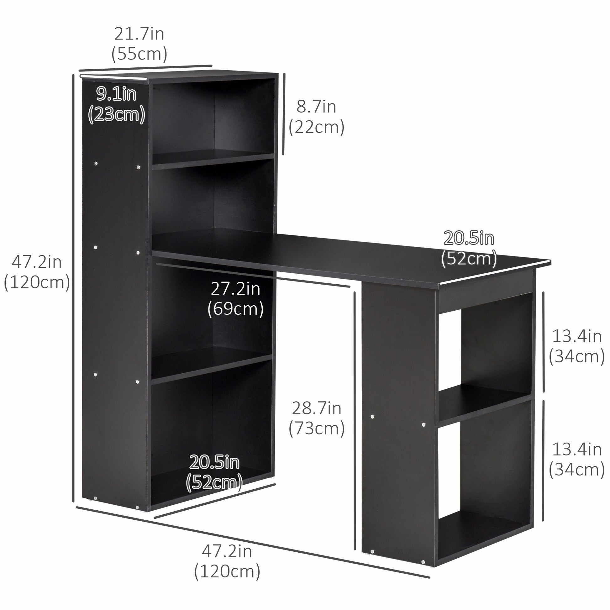 Modern Computer Desk with Storage Shelves, 47" Writing Table Workstation with Bookshelf for Home Office, Black-Office Products > Office Furniture > Office Desks & Work Stations > Writing Desks-DECOROLALA