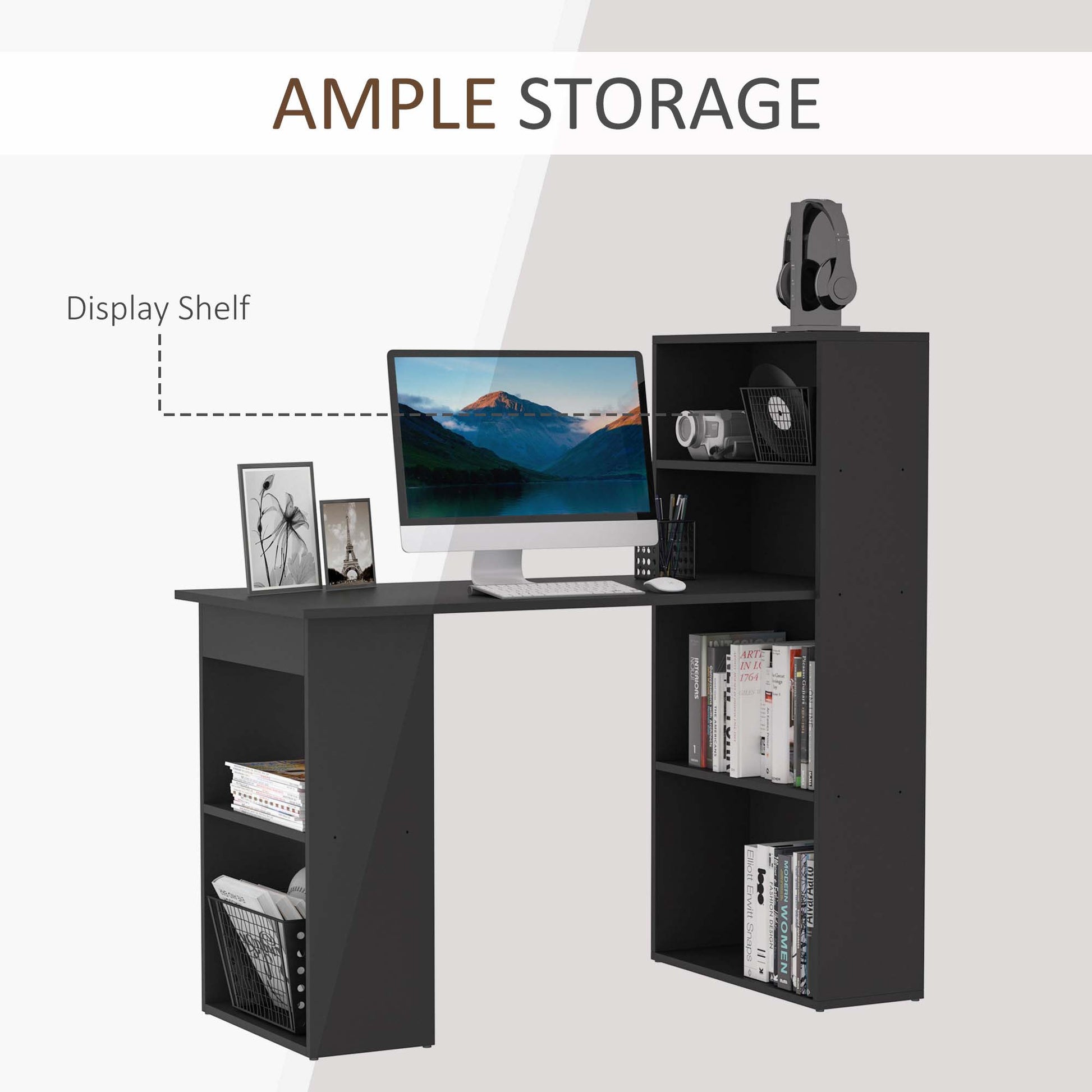 Modern Computer Desk with Storage Shelves, 47" Writing Table Workstation with Bookshelf for Home Office, Black-Office Products > Office Furniture > Office Desks & Work Stations > Writing Desks-DECOROLALA