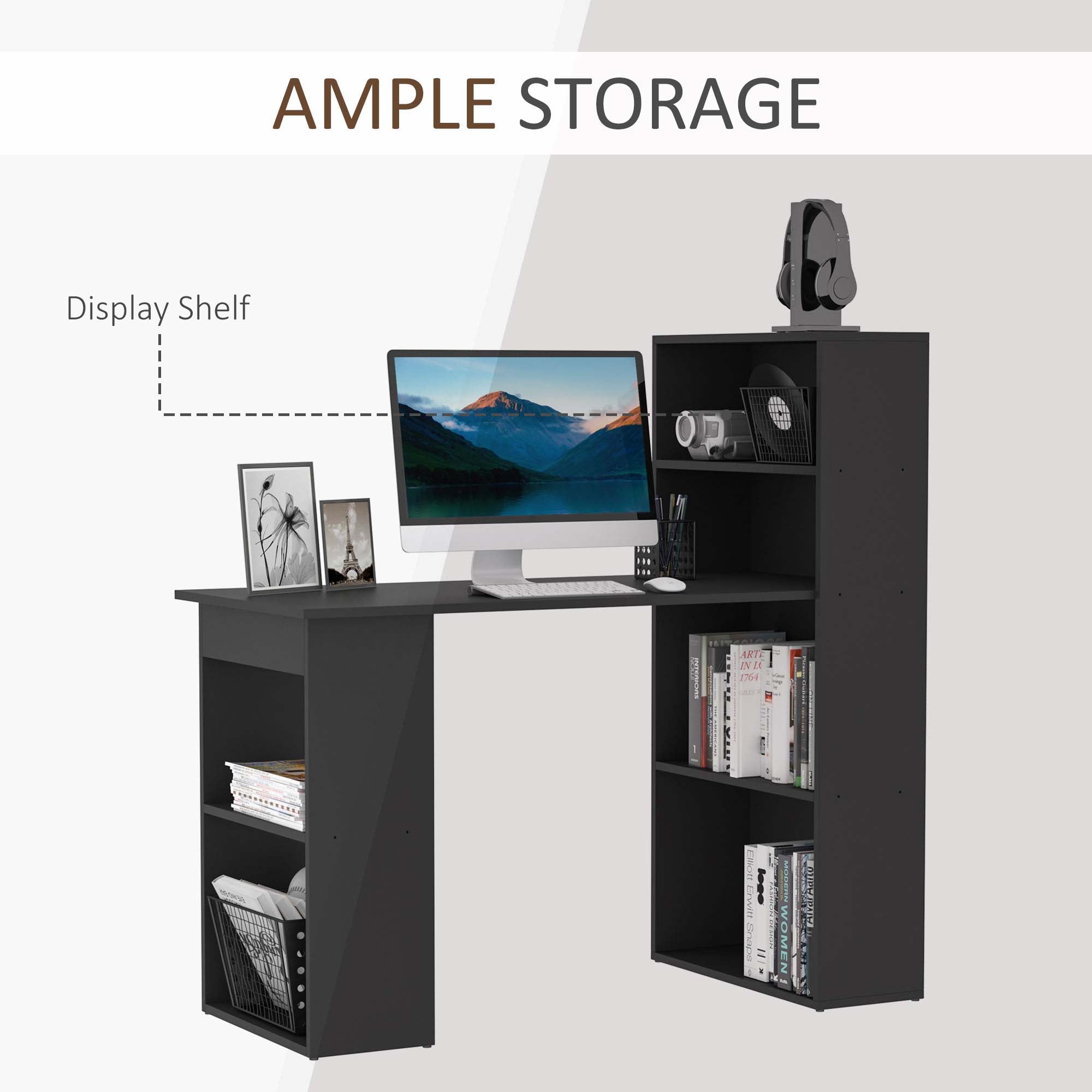 Modern Computer Desk with Storage Shelves, 47" Writing Table Workstation with Bookshelf for Home Office, Black-Office Products > Office Furniture > Office Desks & Work Stations > Writing Desks-DECOROLALA