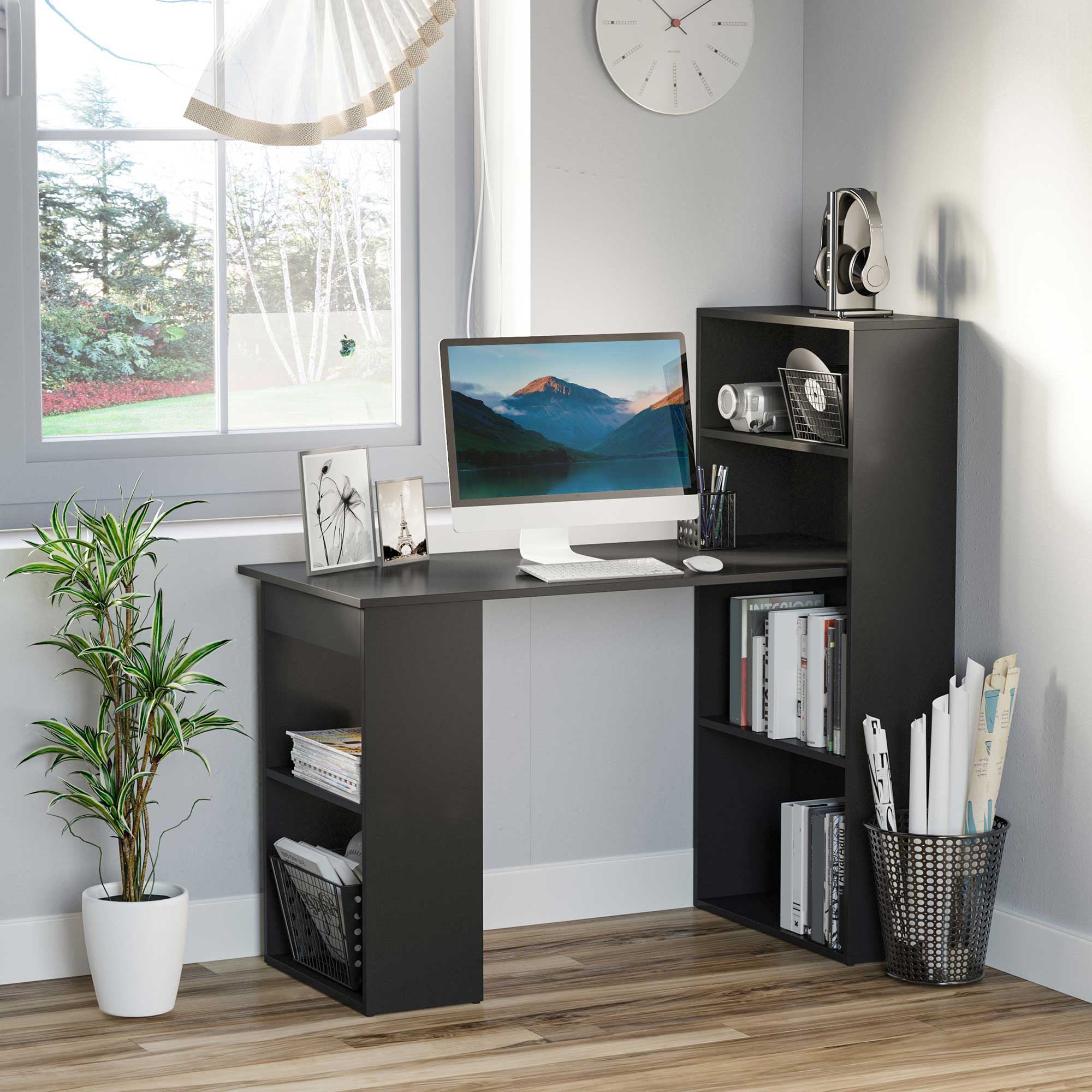 Modern Computer Desk with Storage Shelves, 47" Writing Table Workstation with Bookshelf for Home Office, Black-Office Products > Office Furniture > Office Desks & Work Stations > Writing Desks-DECOROLALA