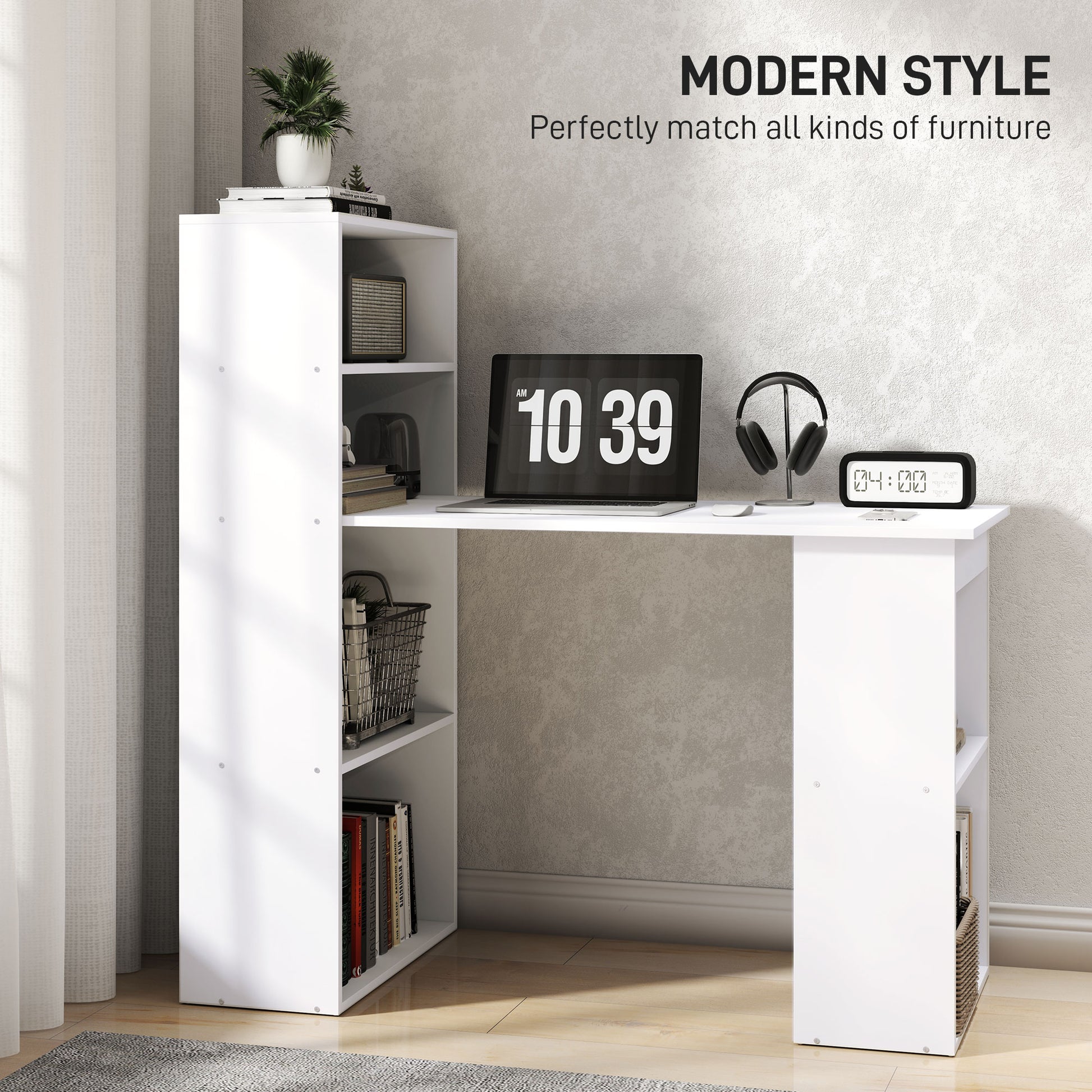 Modern Computer Desk with Storage Shelves, 47" Writing Table Workstation with Bookshelf for Home Office, White-Office Products > Office Furniture > Office Desks & Work Stations > Writing Desks-DECOROLALA