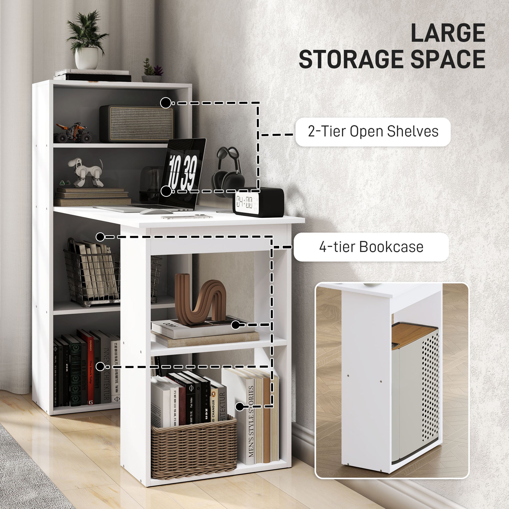 Modern Computer Desk with Storage Shelves, 47" Writing Table Workstation with Bookshelf for Home Office, White-Office Products > Office Furniture > Office Desks & Work Stations > Writing Desks-DECOROLALA