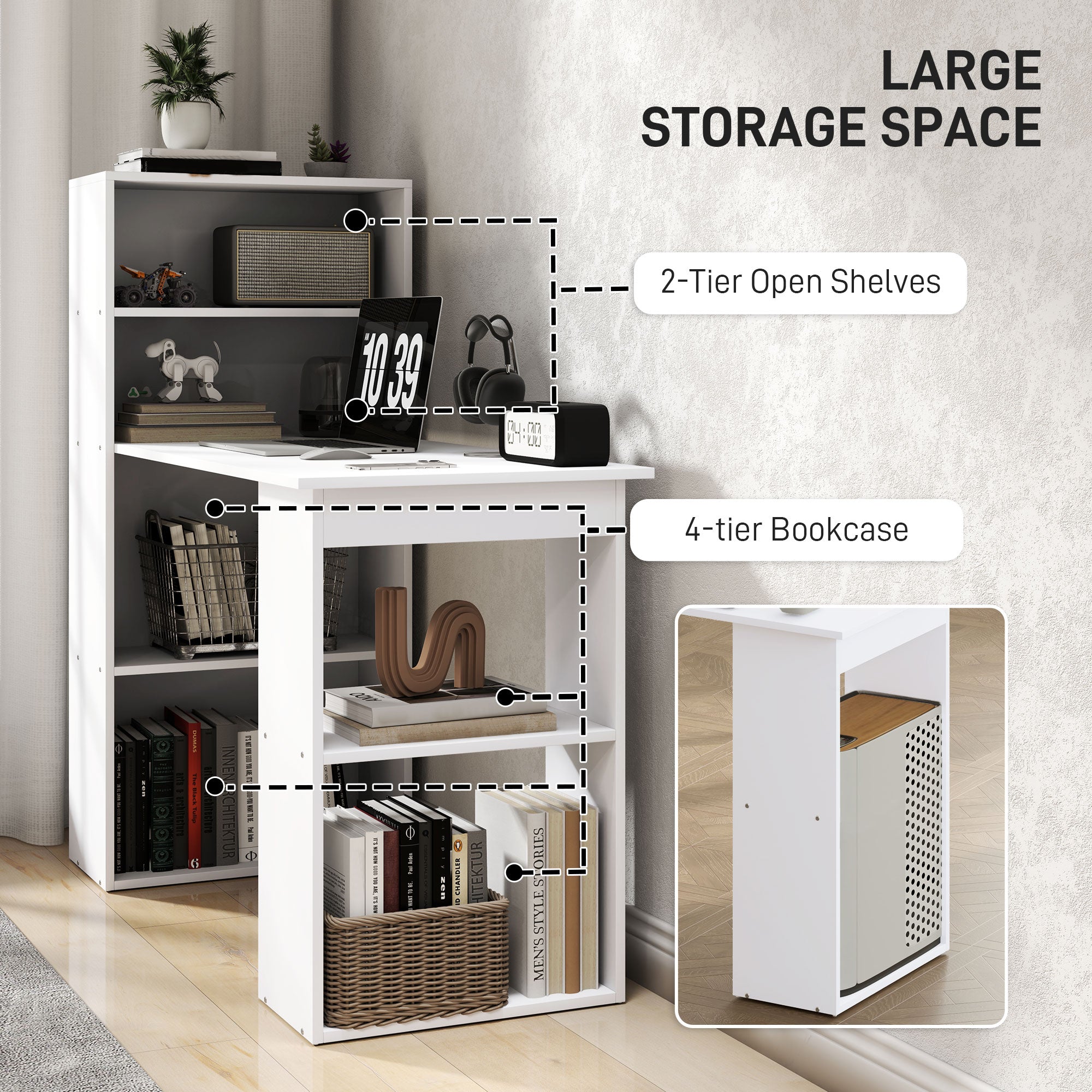Modern Computer Desk with Storage Shelves, 47" Writing Table Workstation with Bookshelf for Home Office, White-Office Products > Office Furniture > Office Desks & Work Stations > Writing Desks-DECOROLALA