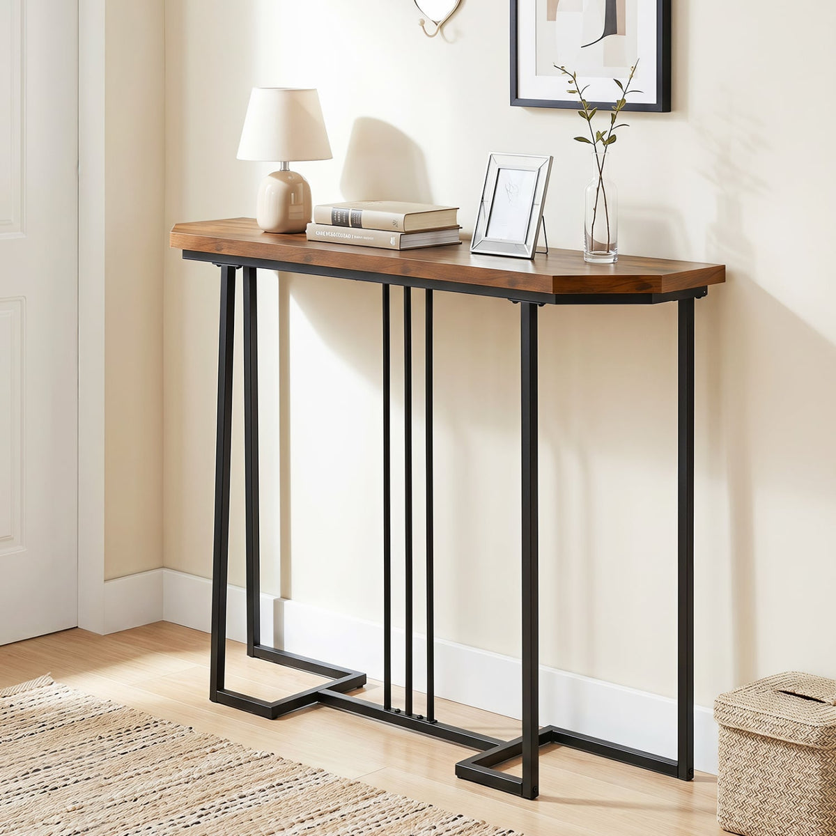 Modern Console Table Narrow Entryway Table with Metal Legs-Rustic Brown-Console Tables-DECOROLALA