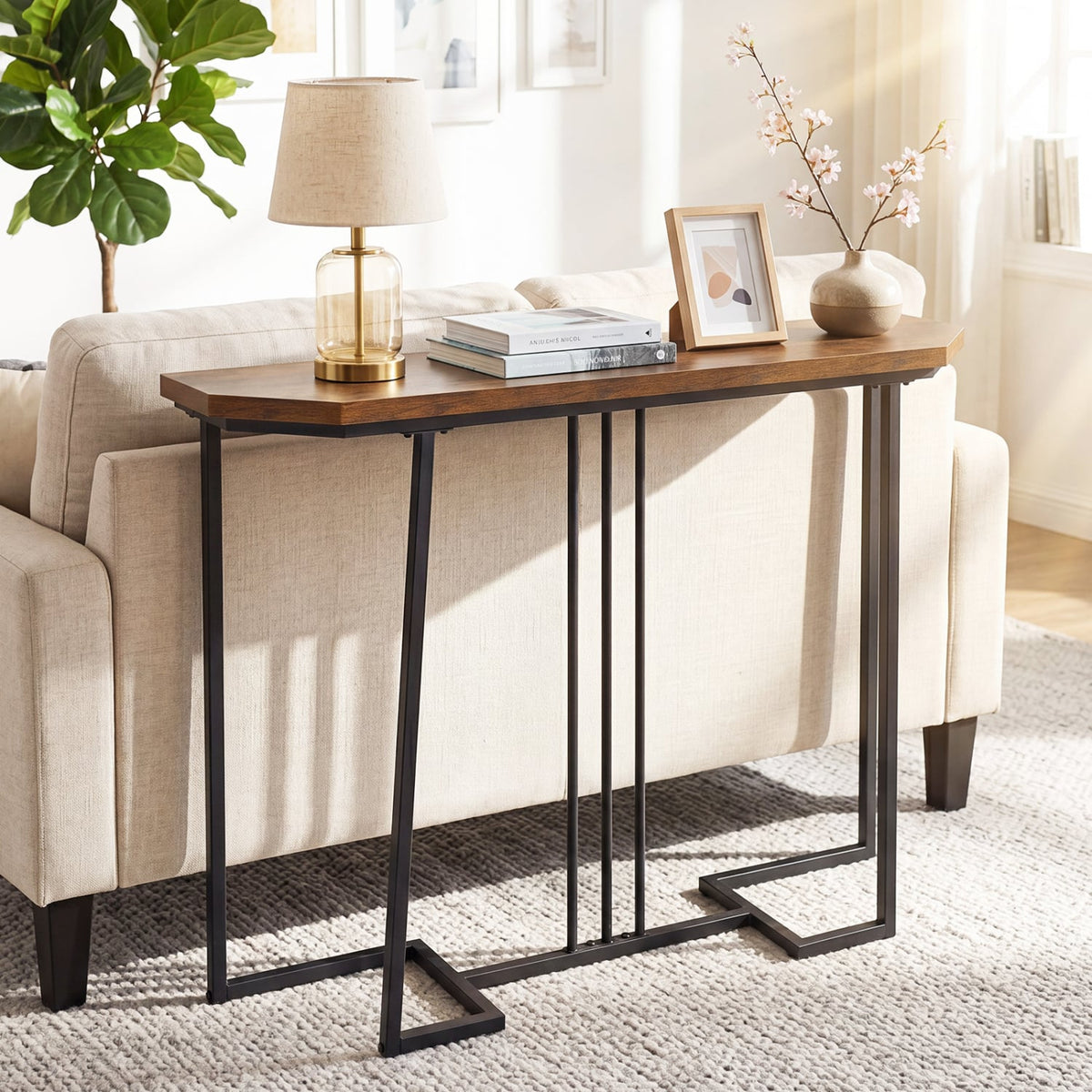 Modern Console Table Narrow Entryway Table with Metal Legs-Rustic Brown-Console Tables-DECOROLALA