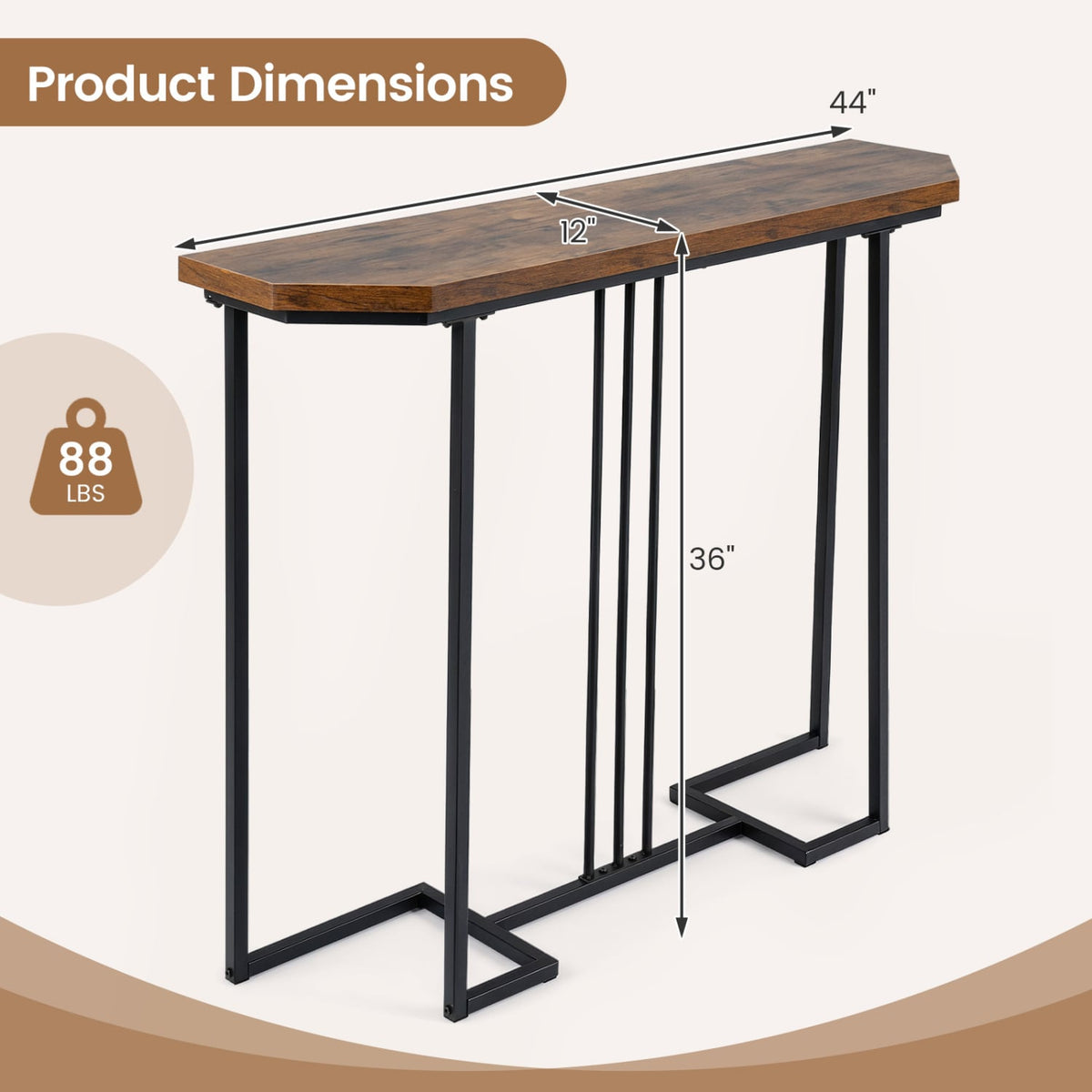Modern Console Table Narrow Entryway Table with Metal Legs-Rustic Brown-Console Tables-DECOROLALA