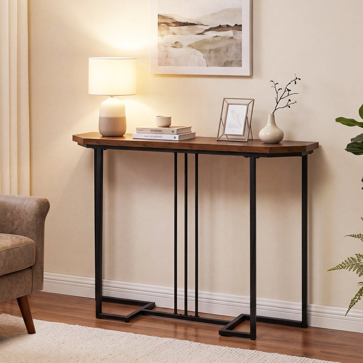 Modern Console Table Narrow Entryway Table with Metal Legs-Rustic Brown-Console Tables-DECOROLALA