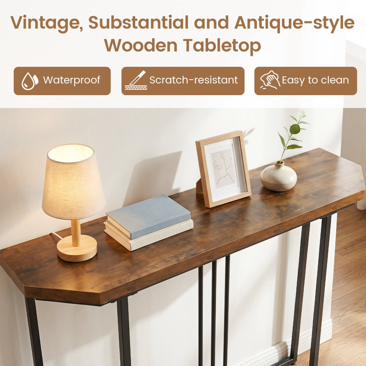 Modern Console Table Narrow Entryway Table with Metal Legs-Rustic Brown-Console Tables-DECOROLALA