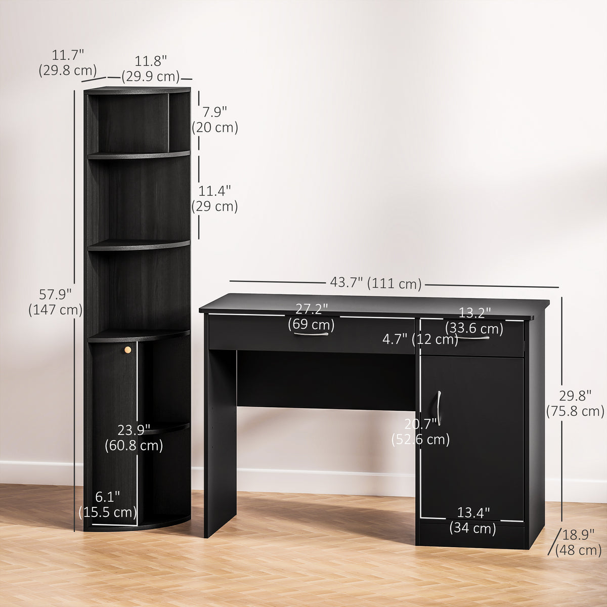 Modern Corner Computer Desk and Bookcase Set - Black-Computer Desks-DECOROLALA