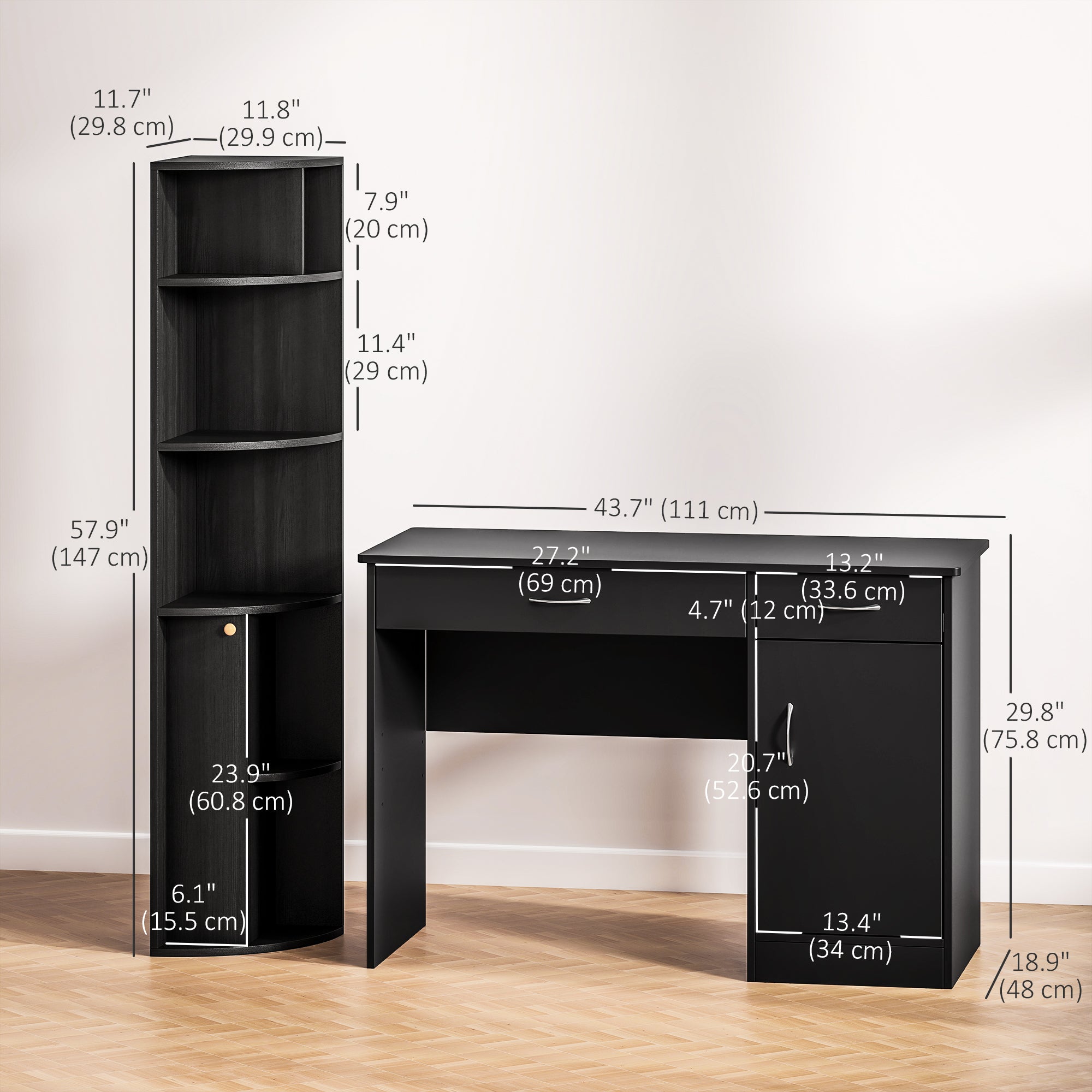 Modern Corner Computer Desk and Bookcase Set - Black-Office Products > Office Furniture > Office Desks & Work Stations > Computer Desks-DECOROLALA