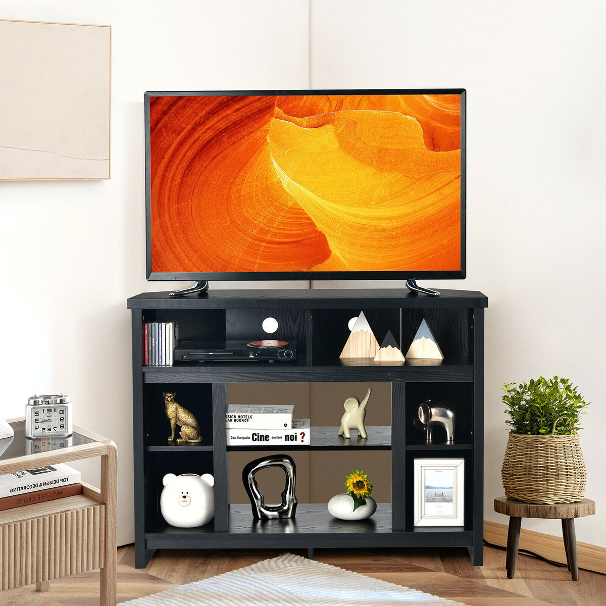 Modern Corner TV Stand with Adjustable Shelves for TVs up to 48 Inch-Black-Entertainment Centers & TV Stands-DECOROLALA