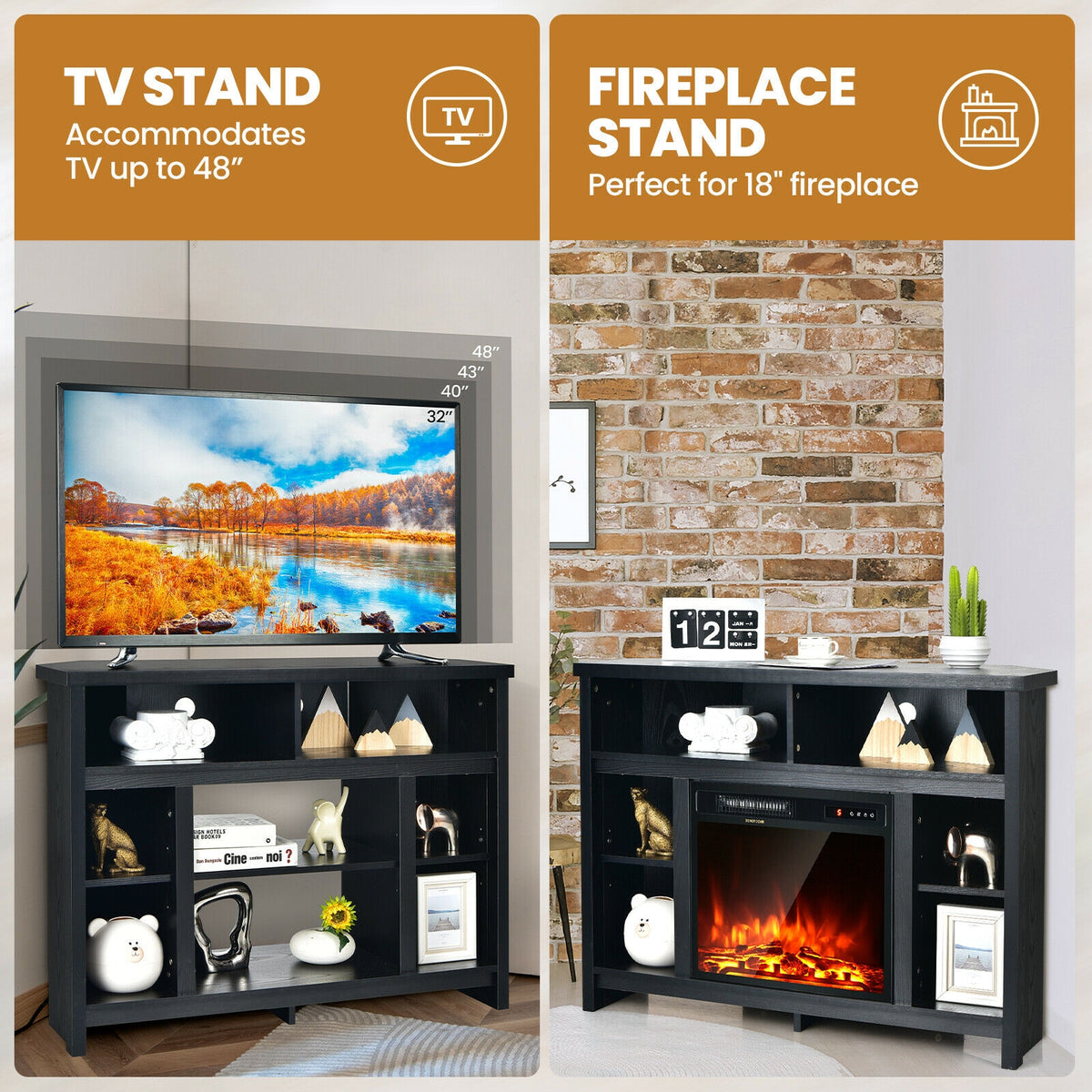 Modern Corner TV Stand with Adjustable Shelves for TVs up to 48 Inch-Black-Entertainment Centers & TV Stands-DECOROLALA