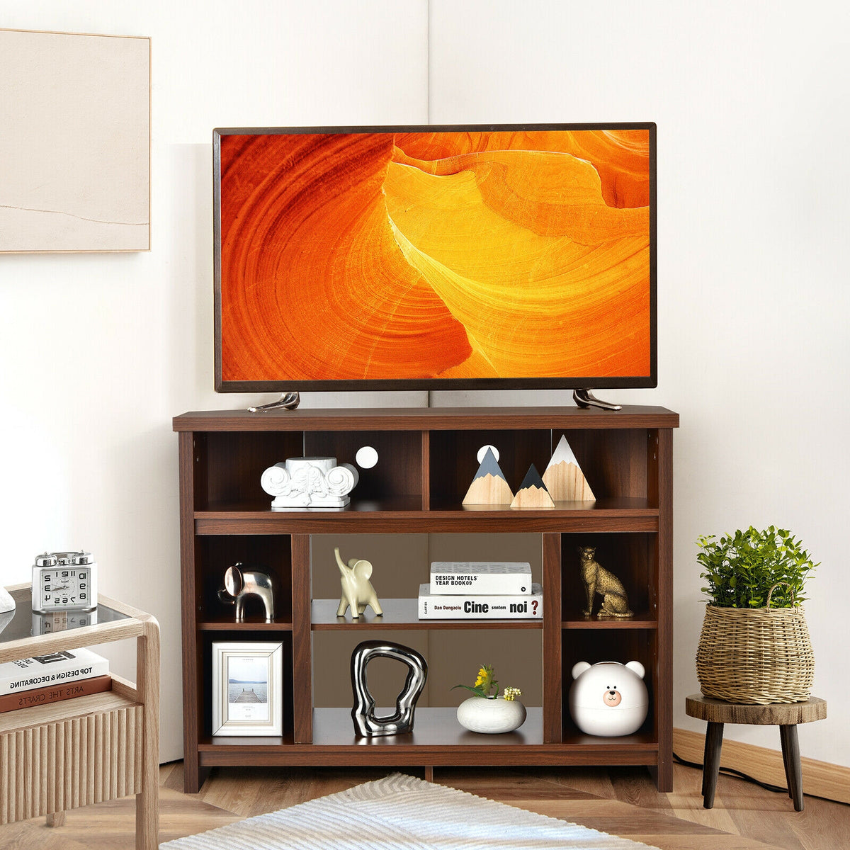 Modern Corner TV Stand with Adjustable Shelves for TVs up to 48 Inch-Coffee-Entertainment Centers & TV Stands-DECOROLALA