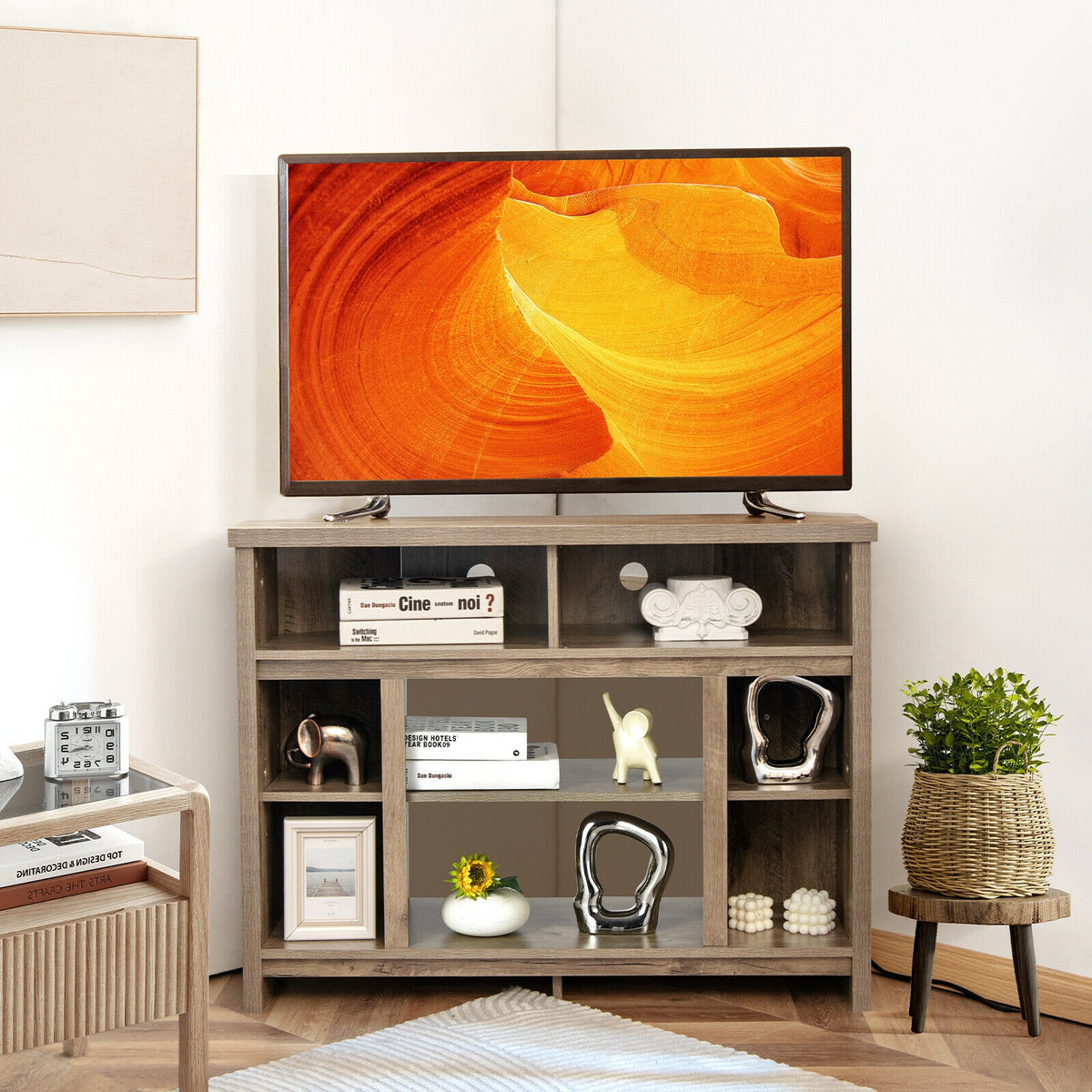 Modern Corner TV Stand with Adjustable Shelves for TVs up to 48 Inch-Natural-Entertainment Centers & TV Stands-DECOROLALA