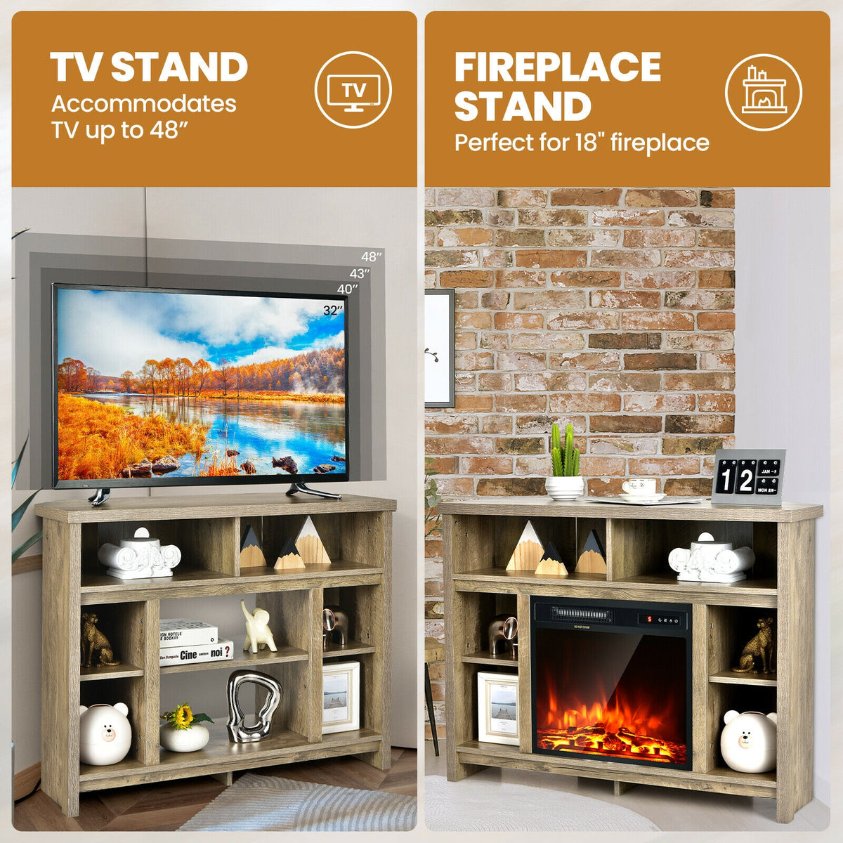 Modern Corner TV Stand with Adjustable Shelves for TVs up to 48 Inch-Natural-Entertainment Centers & TV Stands-DECOROLALA