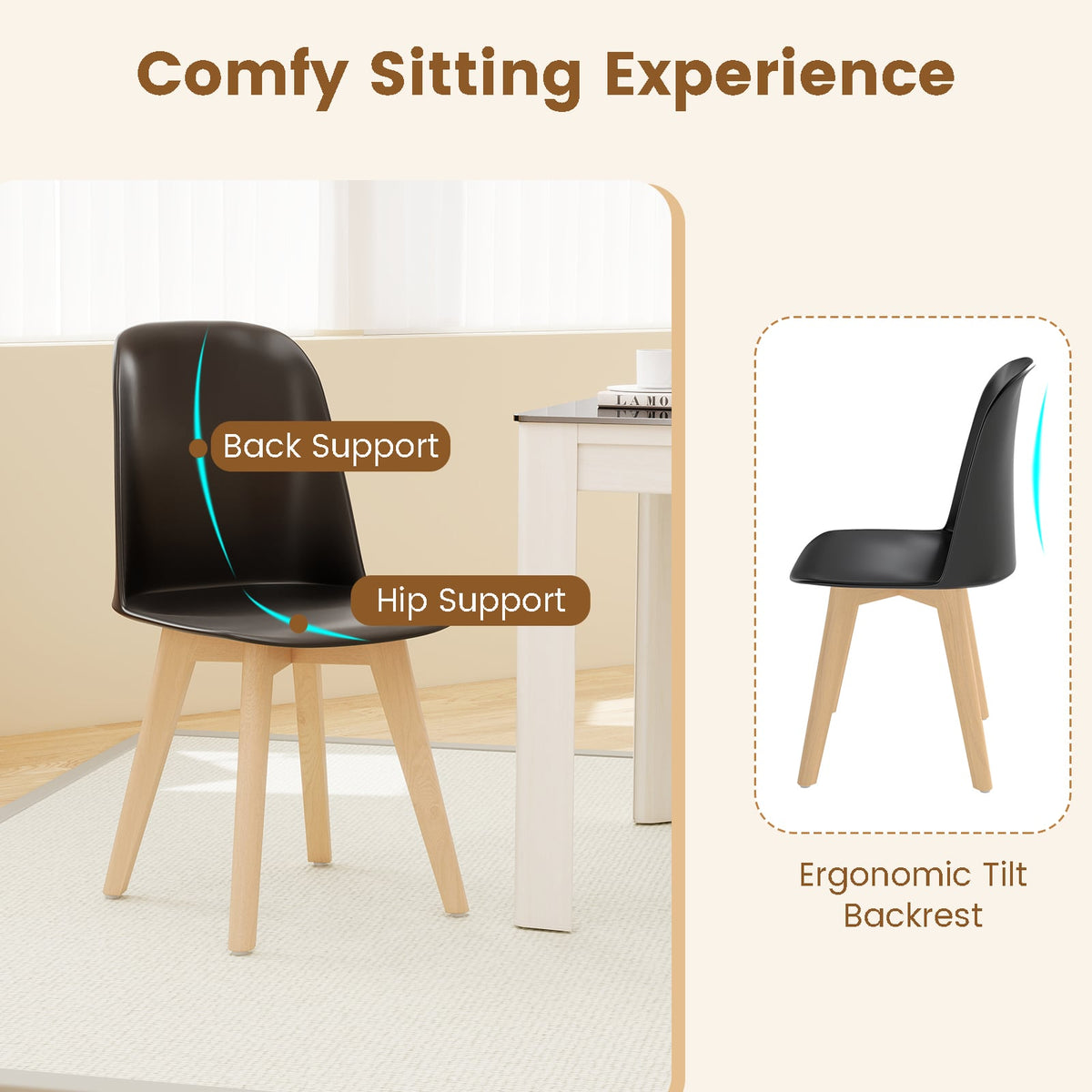Modern Dining Chair Set of 2 with Solid Beech Wood Legs and Tilt Backrest-Black-Dining Chairs-DECOROLALA