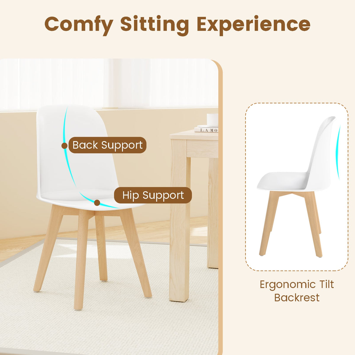 Modern Dining Chair Set of 2 with Solid Beech Wood Legs and Tilt Backrest-White-Dining Chairs-DECOROLALA