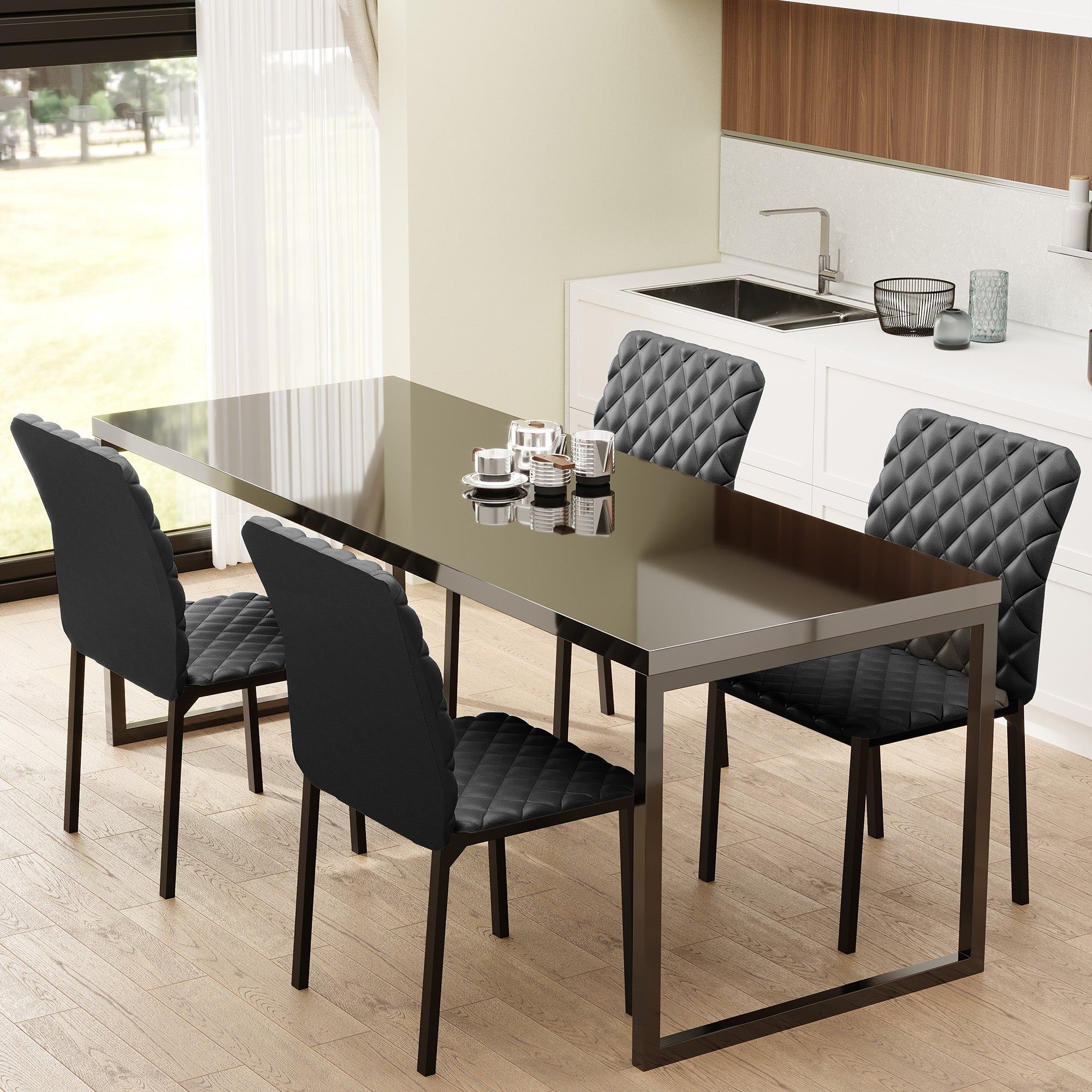 Modern Dining Chairs Set of 4 - Black Faux Leather Tufted-Home Furnishings > Kitchen & Dining Furniture > Dining Chairs-DECOROLALA