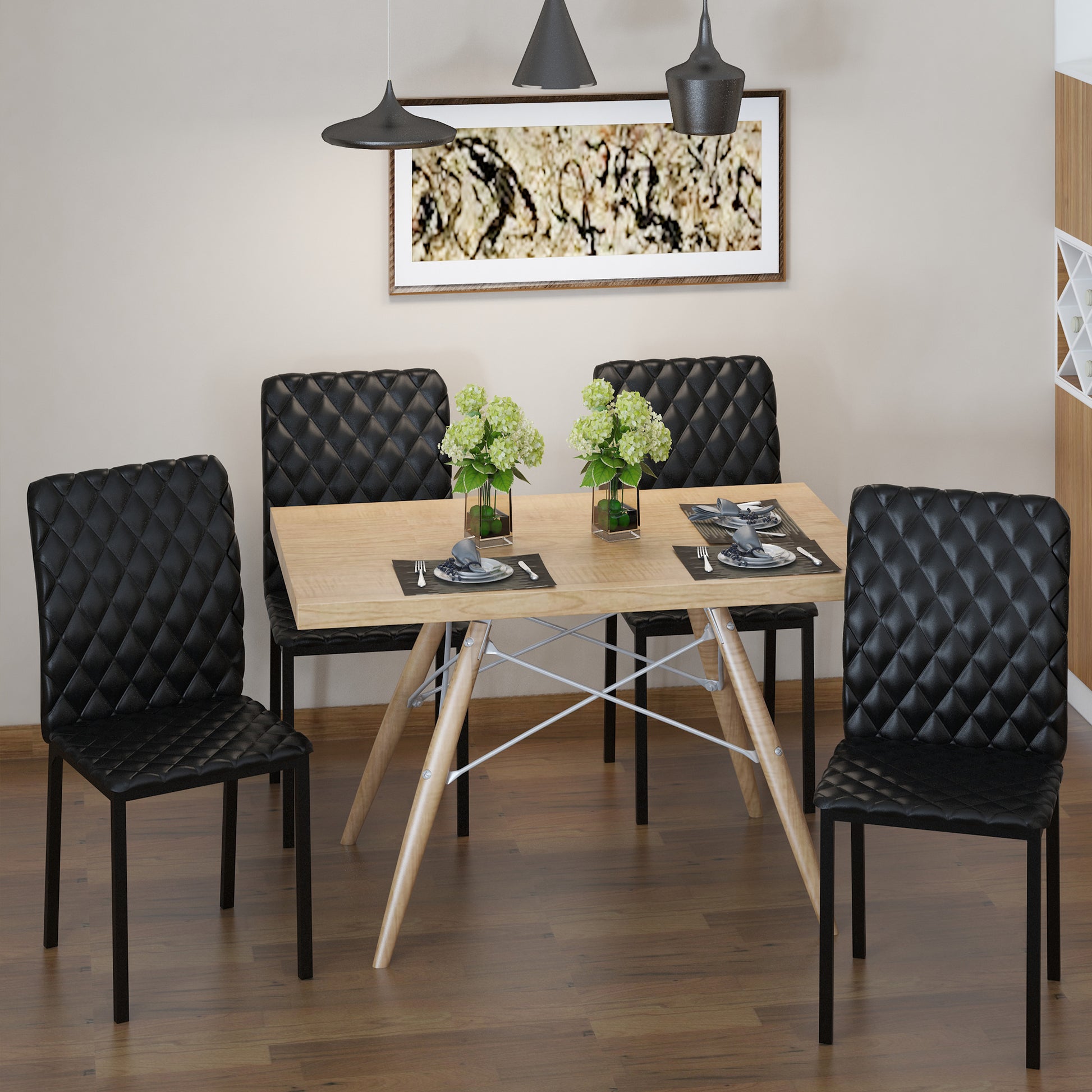 Modern Dining Chairs Set of 4 - Black Faux Leather Tufted-Home Furnishings > Kitchen & Dining Furniture > Dining Chairs-DECOROLALA