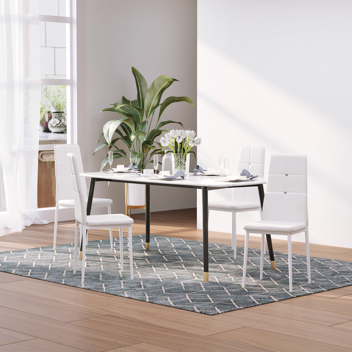 Modern Dining Chairs Set of 4 - White Button Tufted PU Seat-Home Furnishings > Kitchen & Dining Furniture > Dining Chairs-DECOROLALA