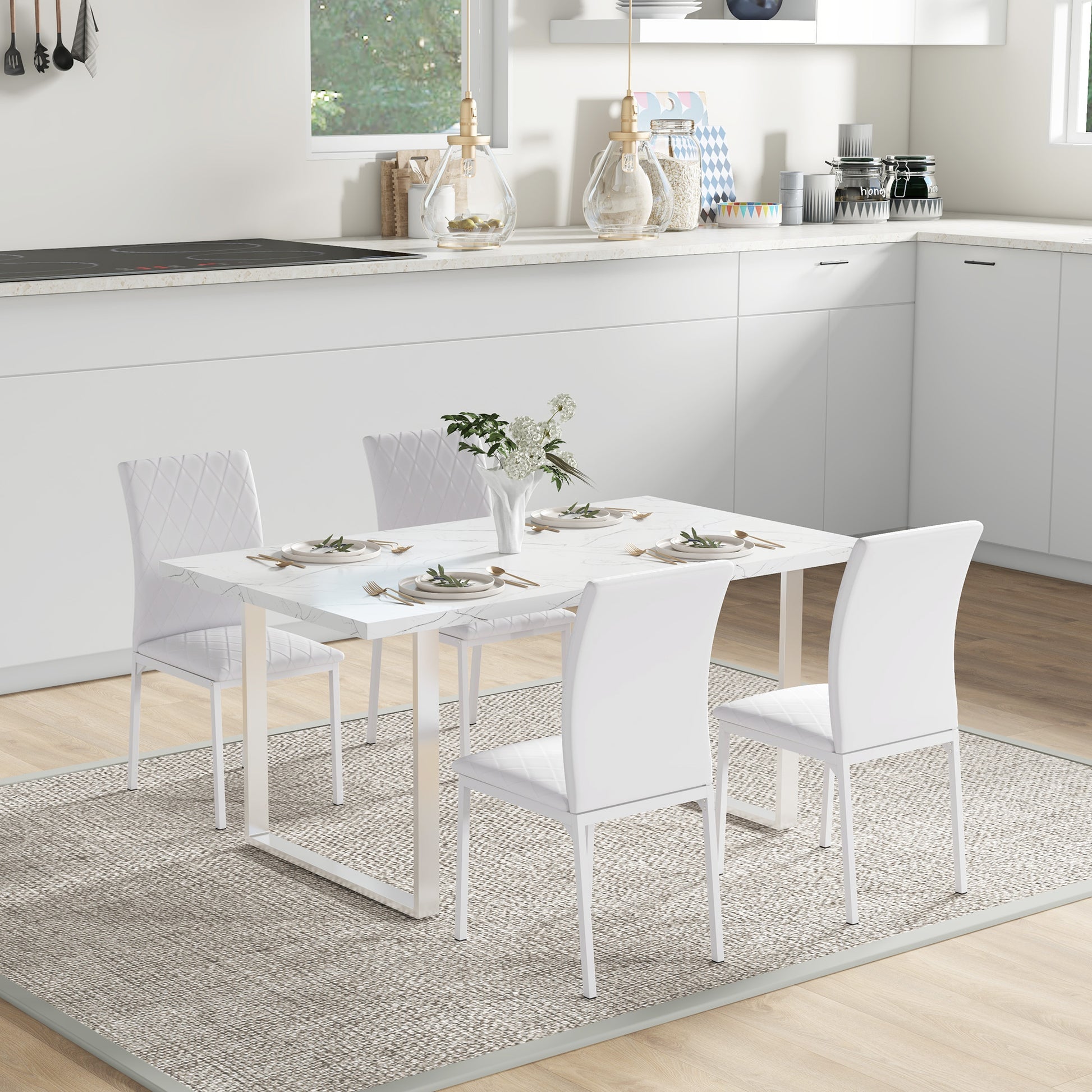 Modern Dining Chairs Set of 4 - White Upholstered Faux Leather-Home Furnishings > Kitchen & Dining Furniture > Dining Chairs-DECOROLALA