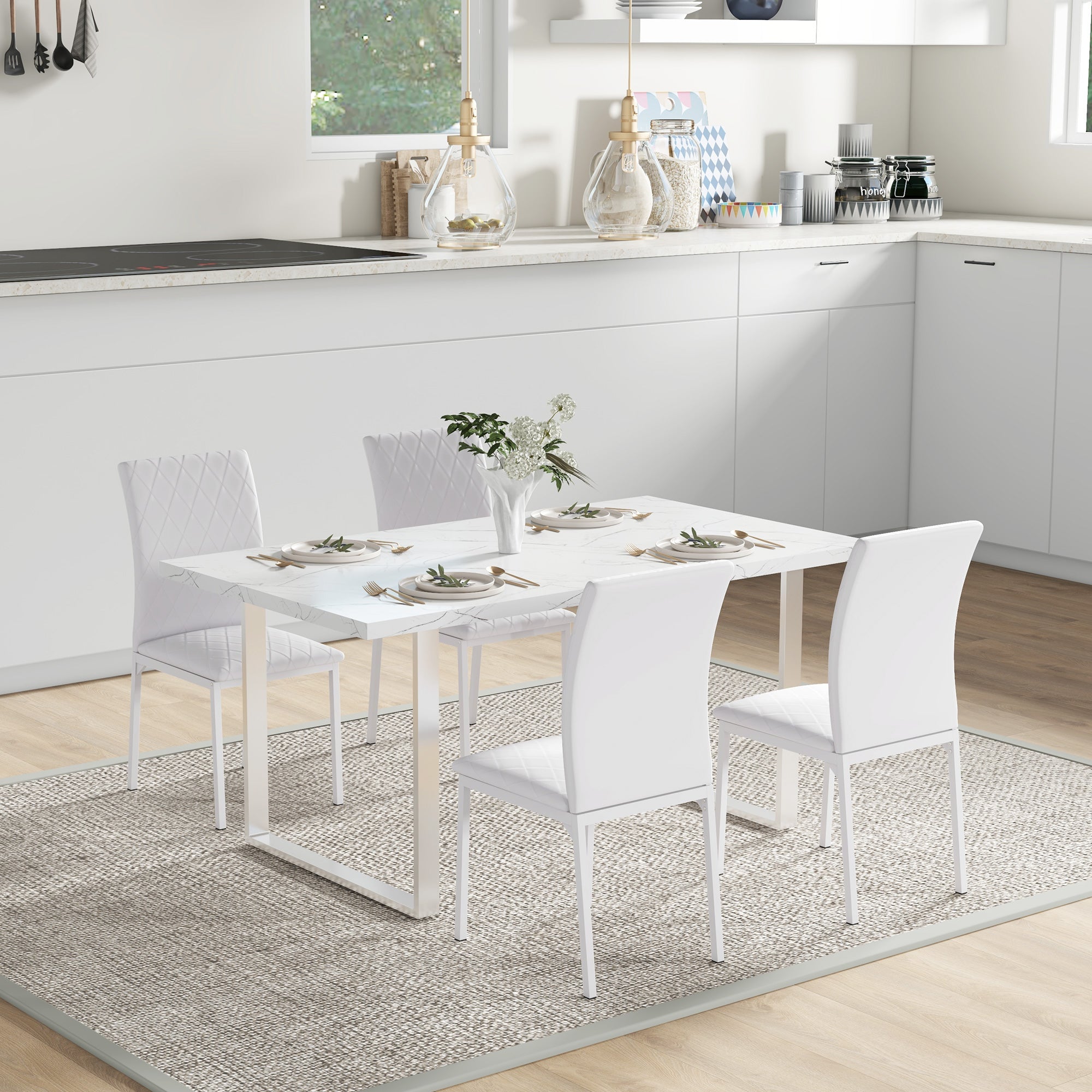 Modern Dining Chairs Set of 4 - White Upholstered Faux Leather-Home Furnishings > Kitchen & Dining Furniture > Dining Chairs-DECOROLALA