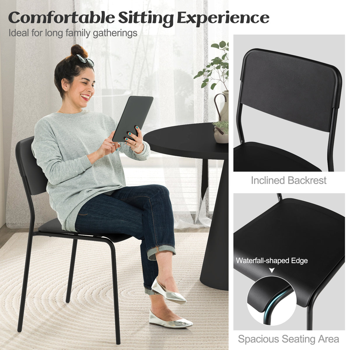 Modern Dining Chairs Set of 4 with Tilted Backrest and Sturdy Metal Legs-Black-Dining Chairs-DECOROLALA