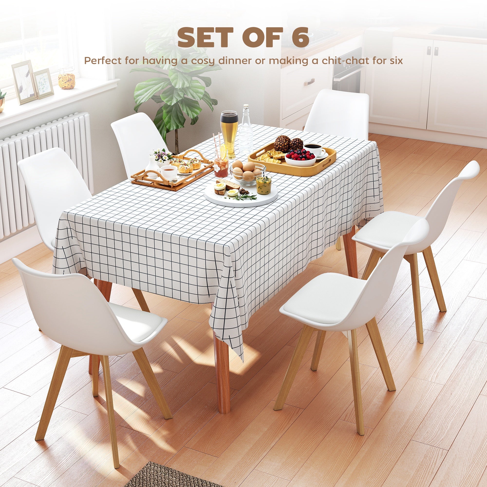 Modern Dining Table Chairs Set of 6, Rubber Wood Kitchen Table Chairs with PU Leather Cushion for Living Room, Bedroom-Home Furnishings > Kitchen & Dining Furniture > Dining Chairs-DECOROLALA