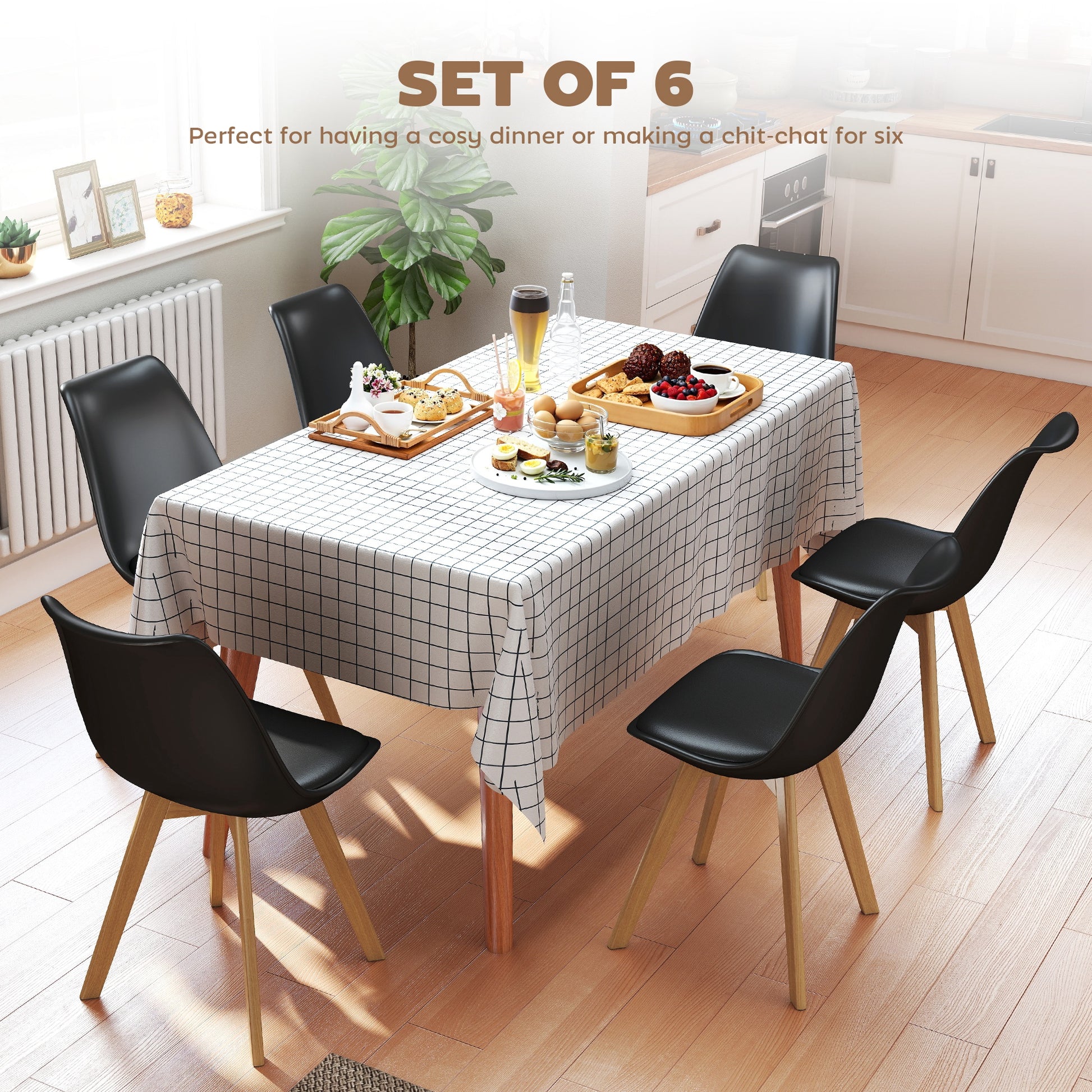 Modern Dining Table Chairs Set of 6, Rubber Wood Kitchen Table Chairs with PU Leather Cushion for Living Room, Bedroom-Home Furnishings > Kitchen & Dining Furniture > Dining Chairs-DECOROLALA