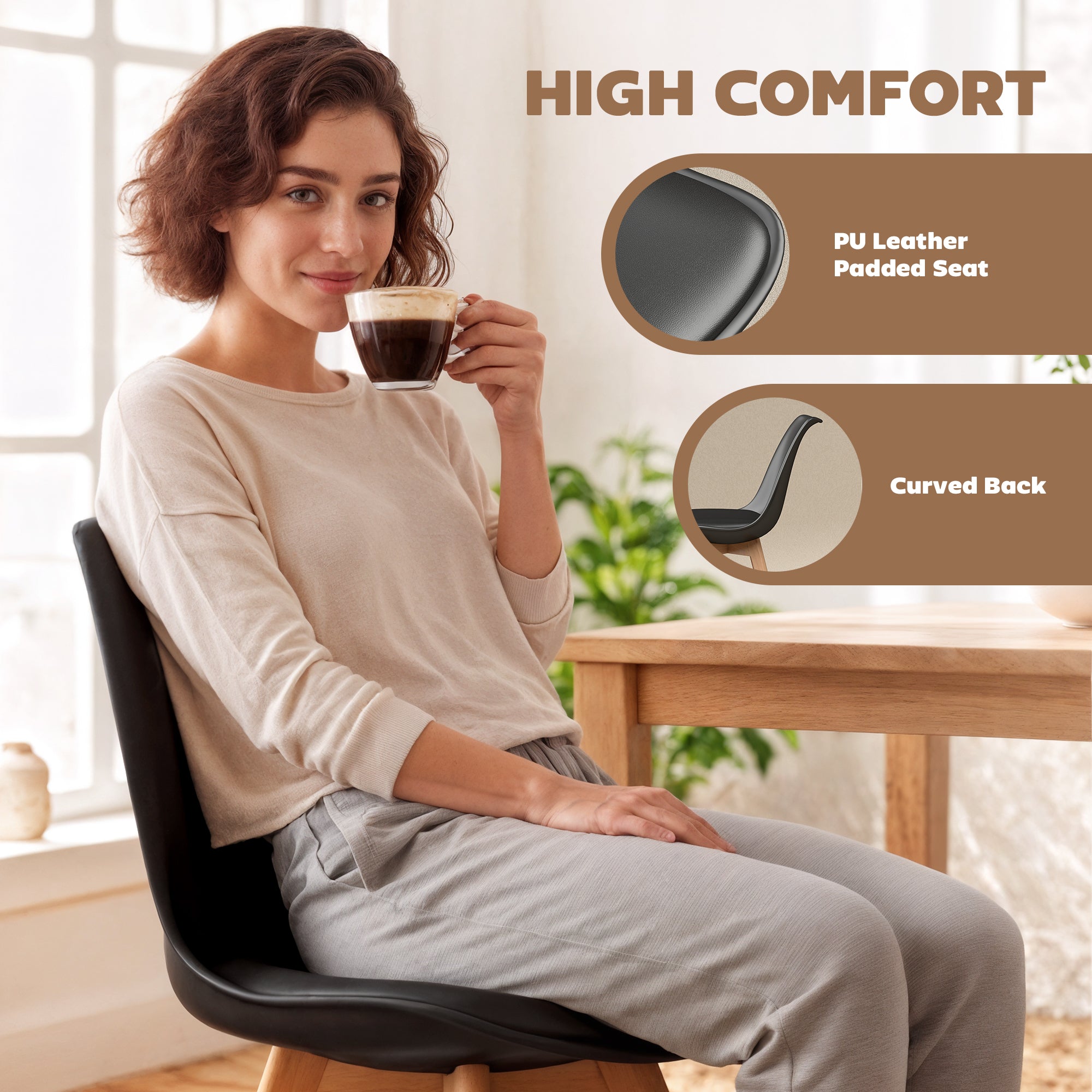 Modern Dining Table Chairs Set of 6, Rubber Wood Kitchen Table Chairs with PU Leather Cushion for Living Room, Bedroom-Home Furnishings > Kitchen & Dining Furniture > Dining Chairs-DECOROLALA