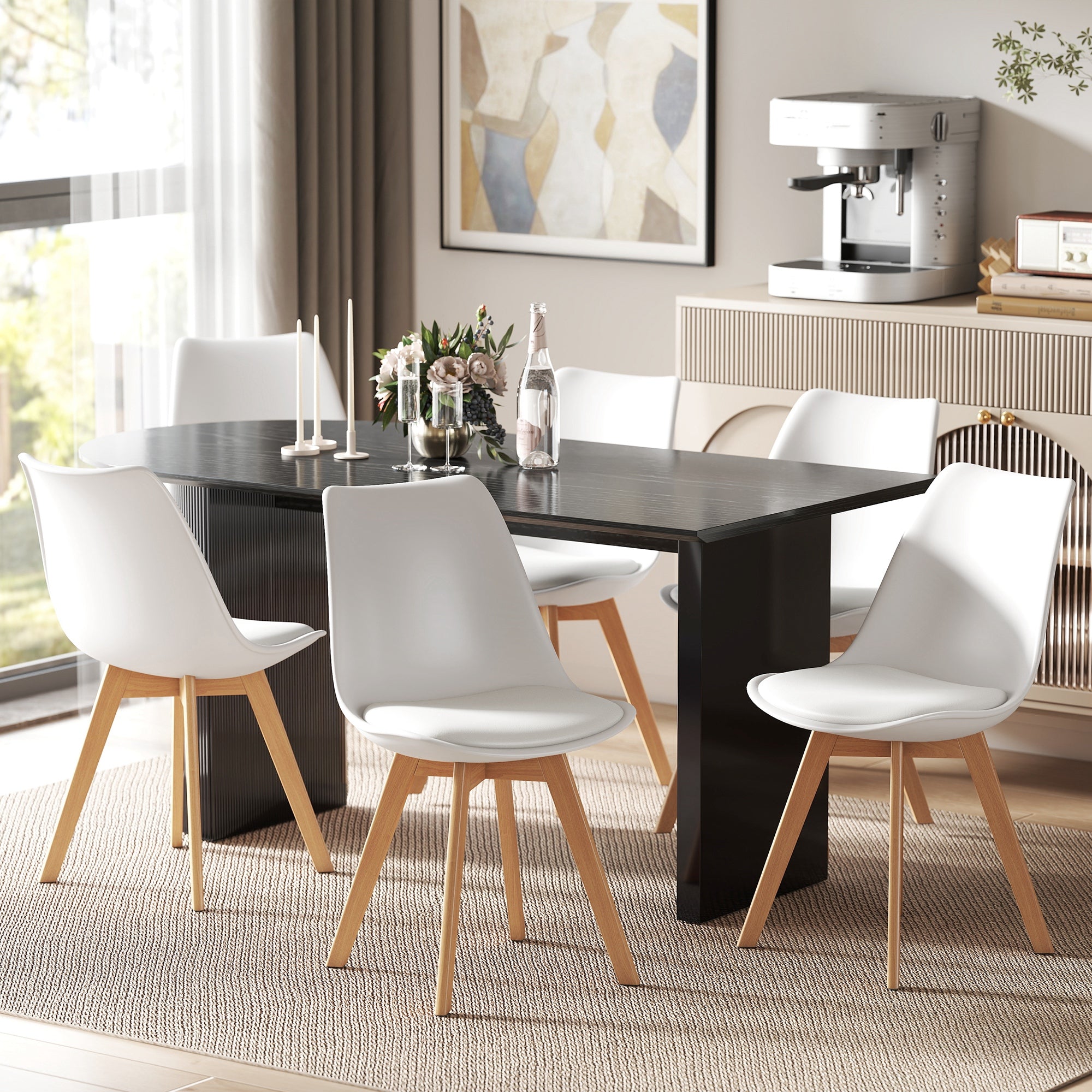 Modern Dining Table Chairs Set of 6, Rubber Wood Kitchen Table Chairs with PU Leather Cushion for Living Room, Bedroom-Home Furnishings > Kitchen & Dining Furniture > Dining Chairs-DECOROLALA