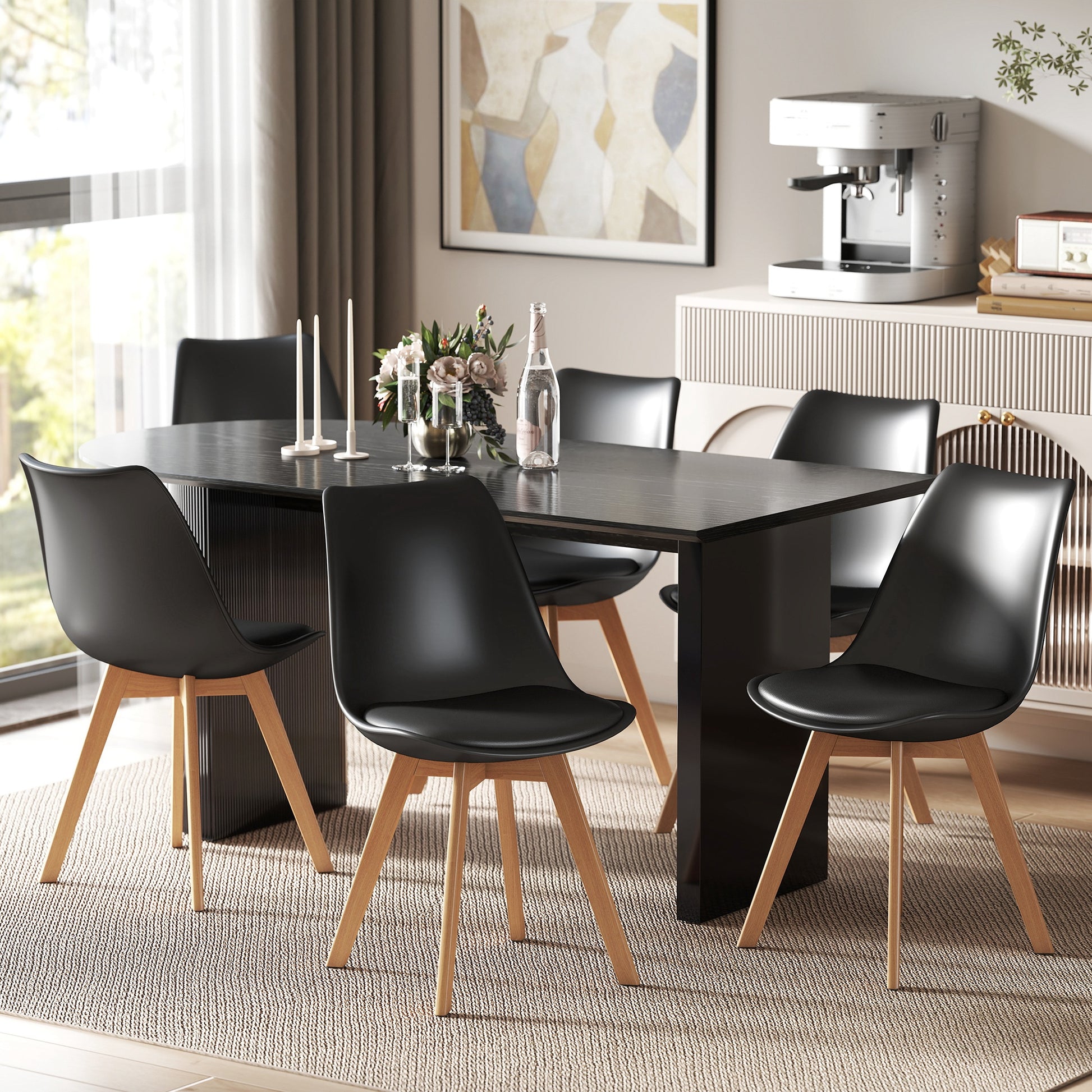 Modern Dining Table Chairs Set of 6, Rubber Wood Kitchen Table Chairs with PU Leather Cushion for Living Room, Bedroom-Home Furnishings > Kitchen & Dining Furniture > Dining Chairs-DECOROLALA