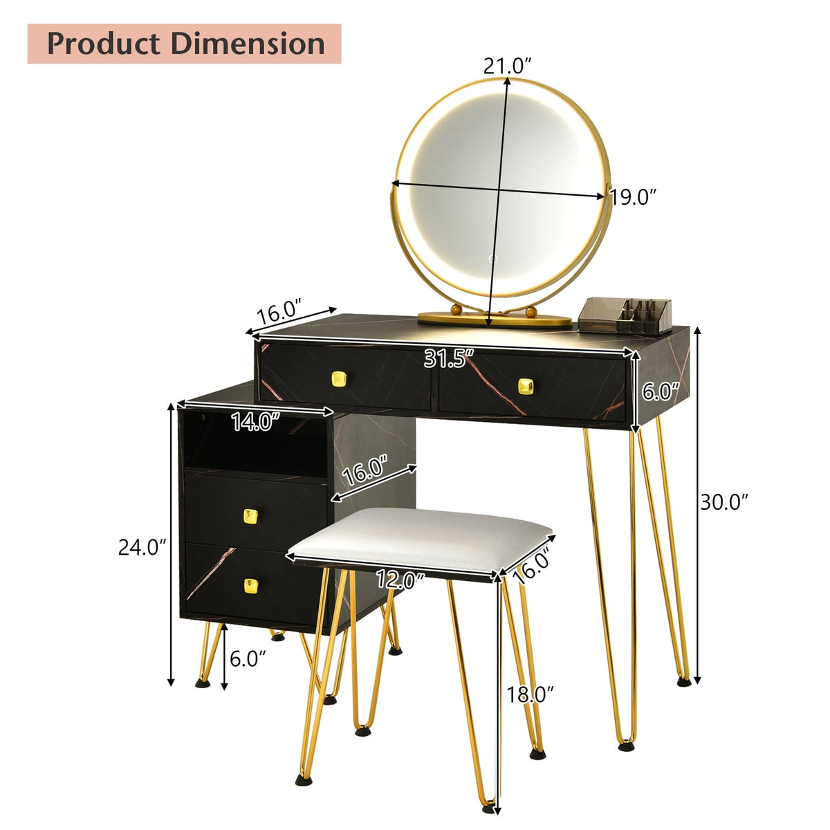 Modern Dressing Table with Storage Cabinet-Black-Makeup Vanities-DECOROLALA