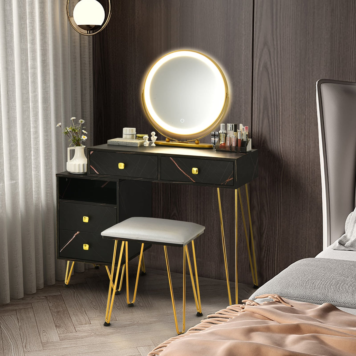 Modern Dressing Table with Storage Cabinet-Black-Makeup Vanities-DECOROLALA