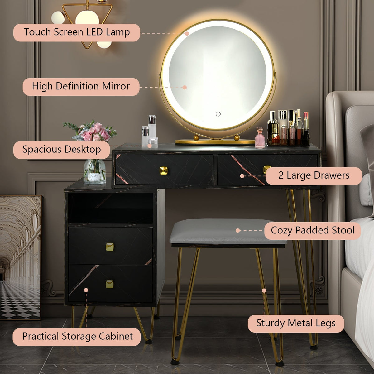 Modern Dressing Table with Storage Cabinet-Black-Makeup Vanities-DECOROLALA