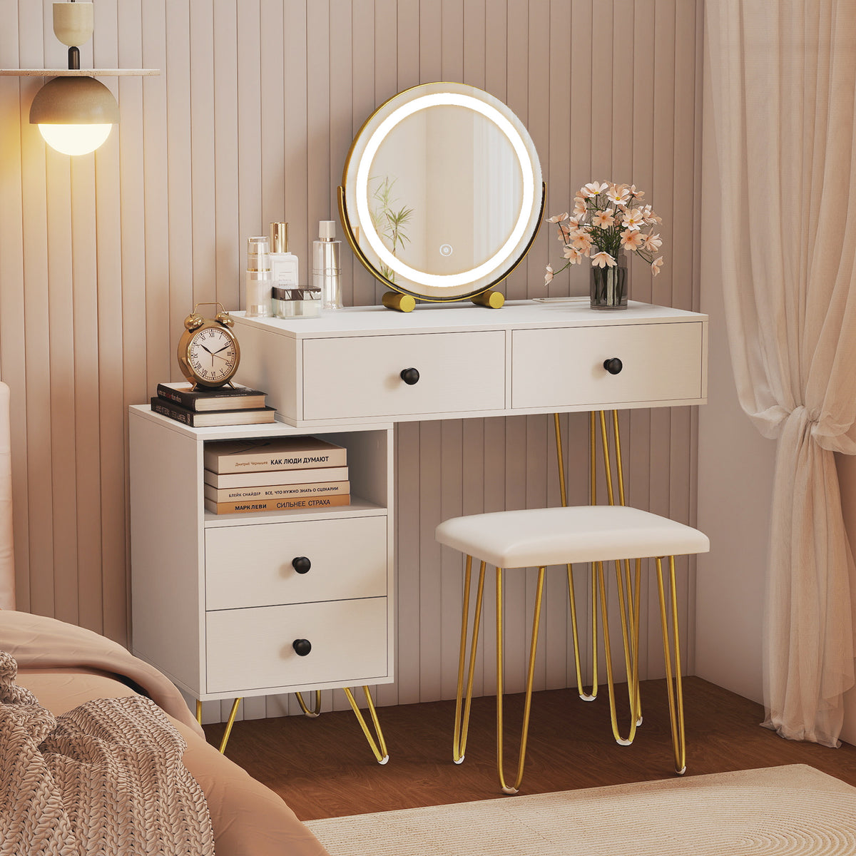 Modern Dressing Table with Storage Cabinet-Off white-Makeup Vanities-DECOROLALA