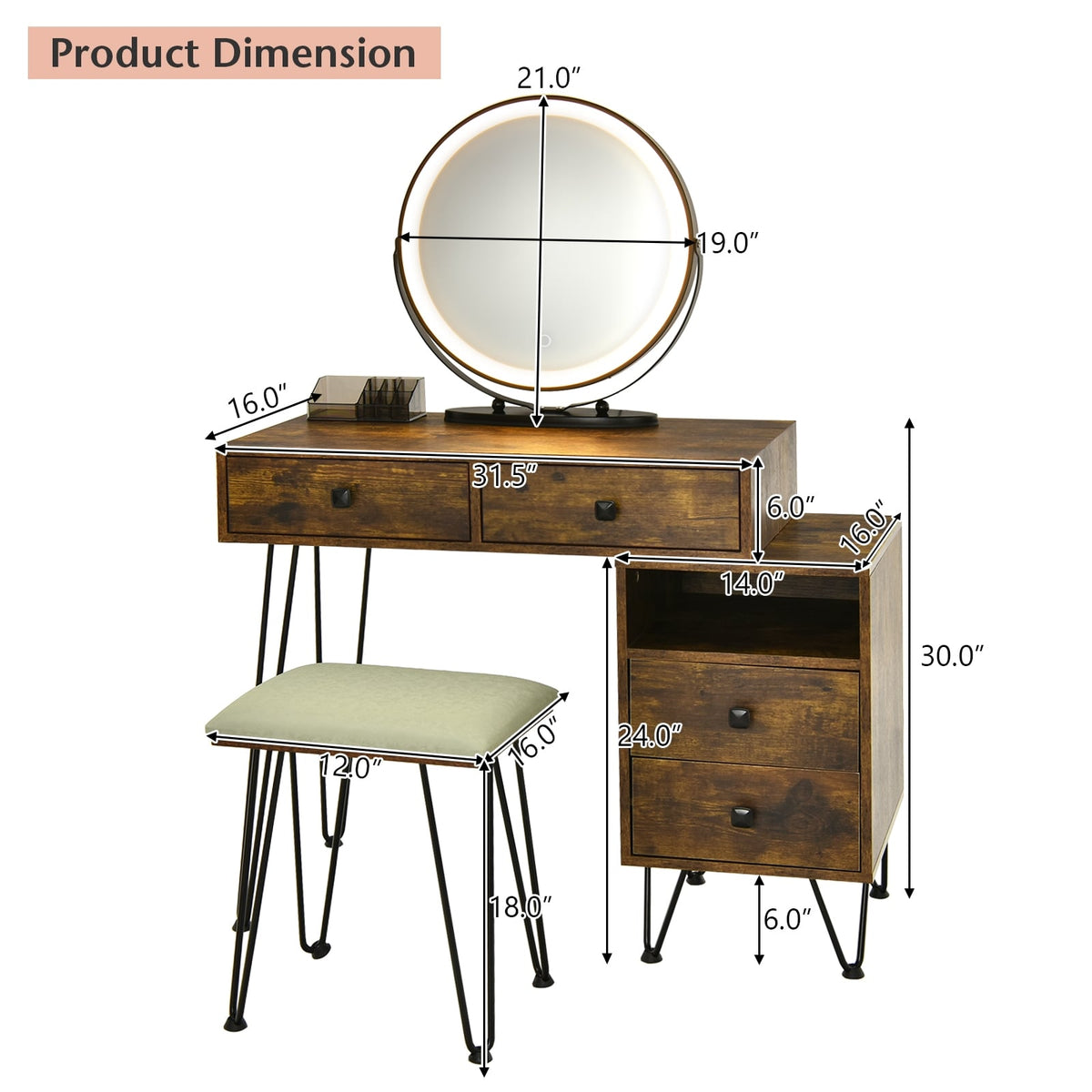 Modern Dressing Table with Storage Cabinet-Rustic Brown-Makeup Vanities-DECOROLALA
