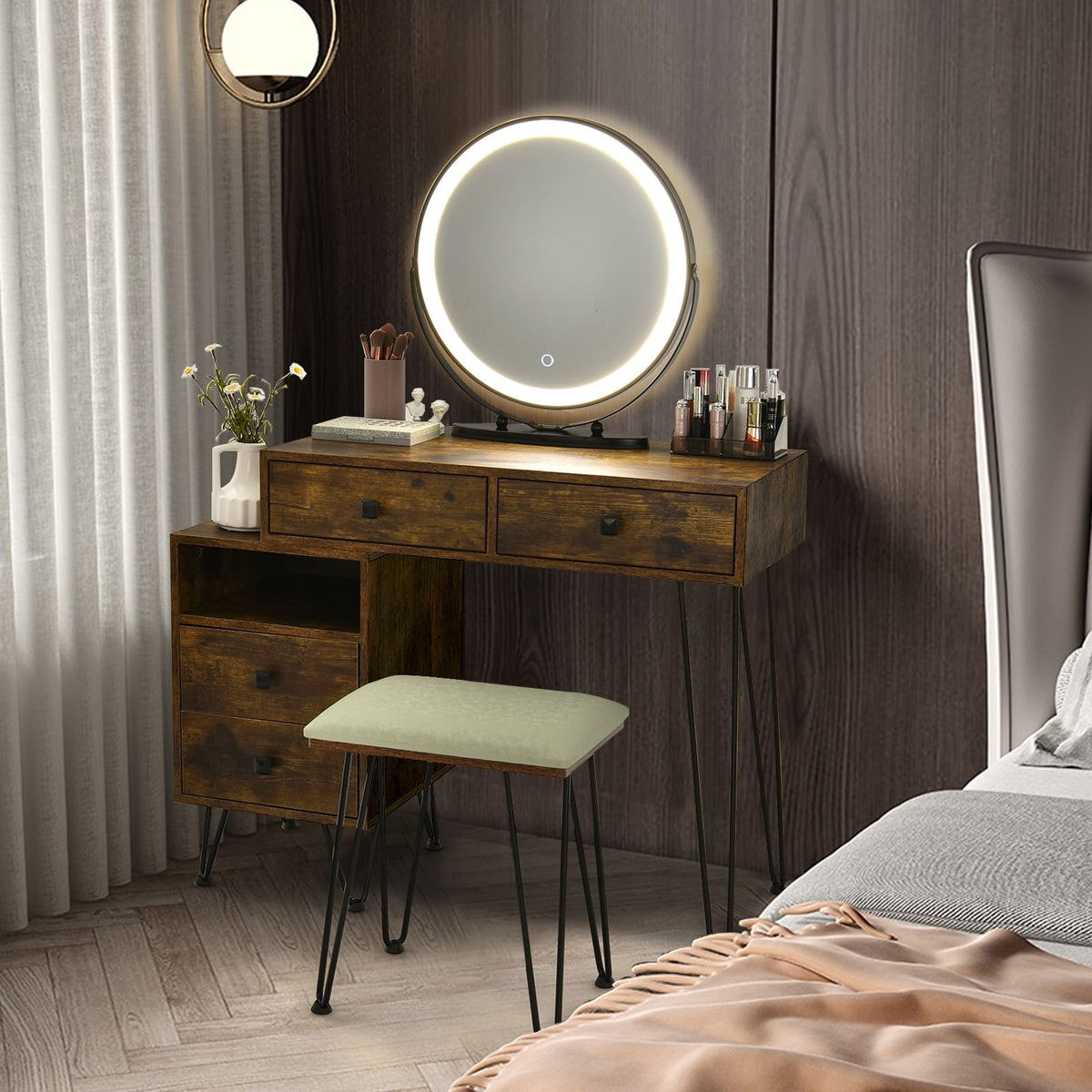 Modern Dressing Table with Storage Cabinet-Rustic Brown-Makeup Vanities-DECOROLALA