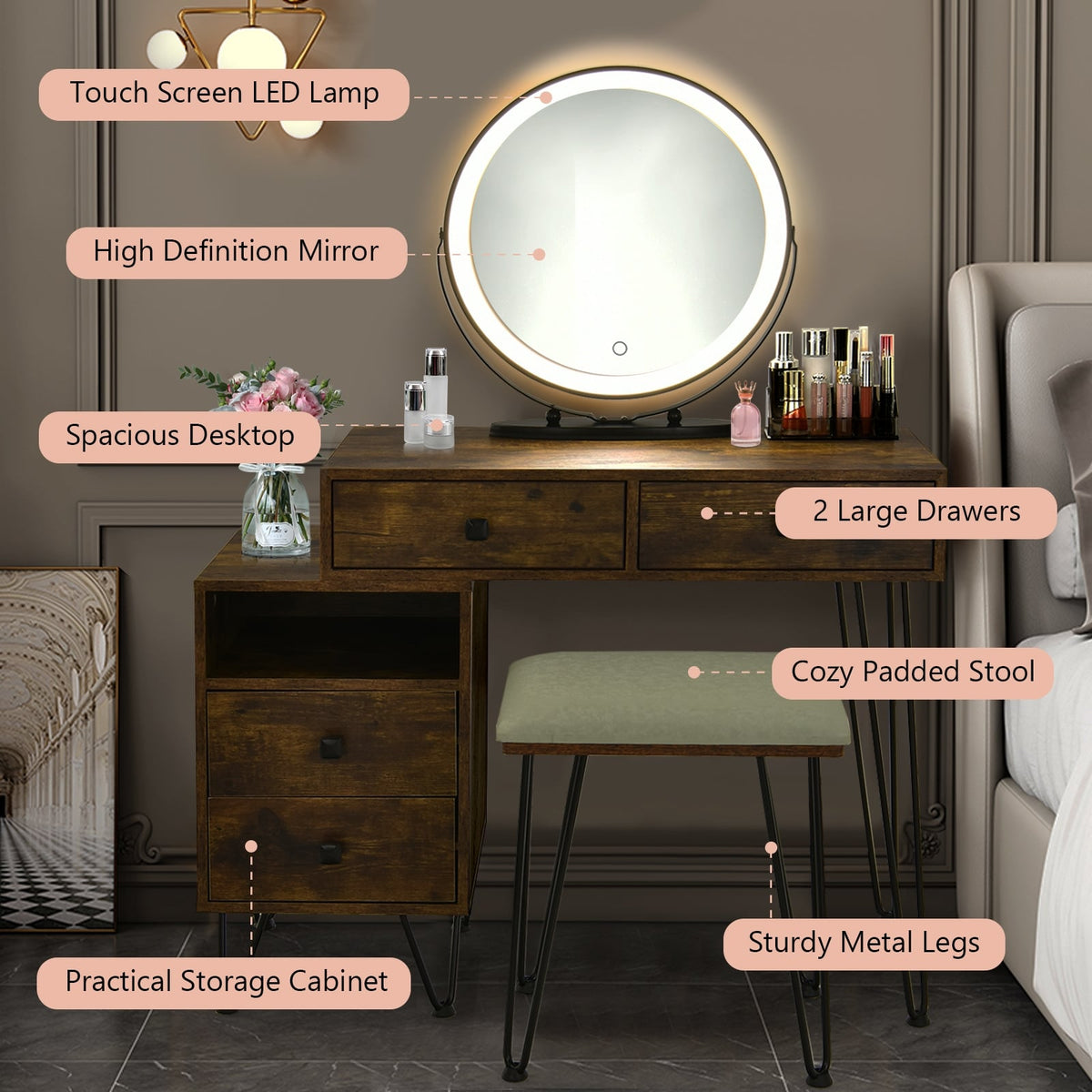 Modern Dressing Table with Storage Cabinet-Rustic Brown-Makeup Vanities-DECOROLALA