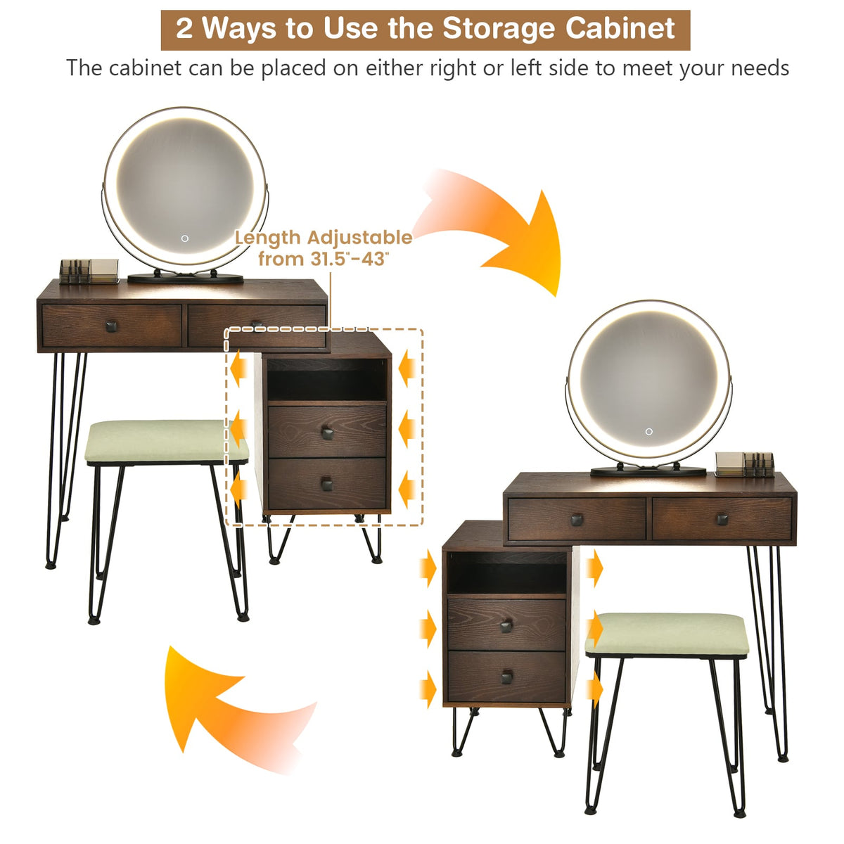 Modern Dressing Table with Storage Cabinet-Rustic Brown-Makeup Vanities-DECOROLALA