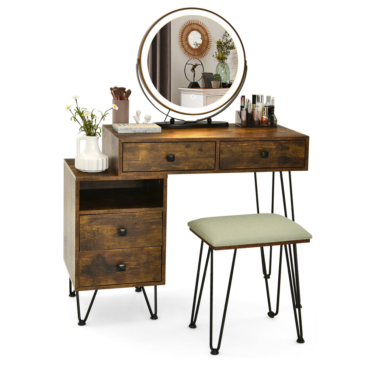 Modern Dressing Table with Storage Cabinet-Rustic Brown-Makeup Vanities-DECOROLALA