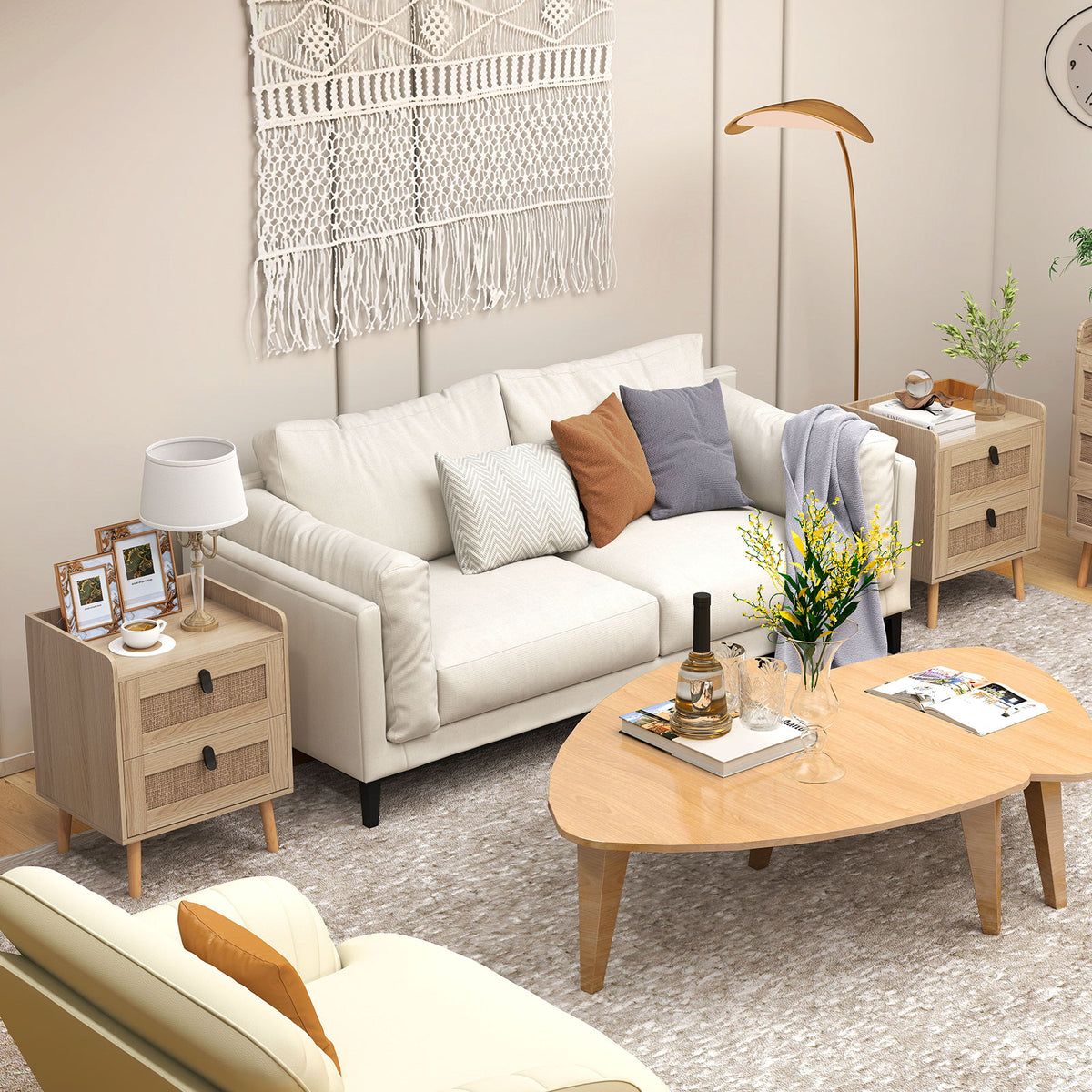 Modern End Table Bedside Table with 2 Rattan Decorated Drawers-Natural-Nightstands-DECOROLALA