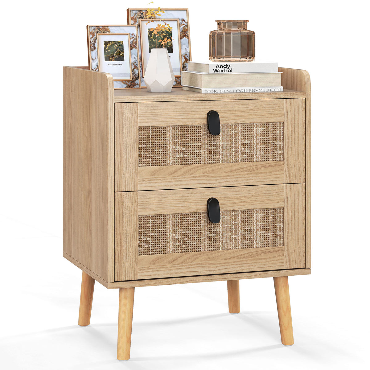 Modern End Table Bedside Table with 2 Rattan Decorated Drawers-Natural-Nightstands-DECOROLALA